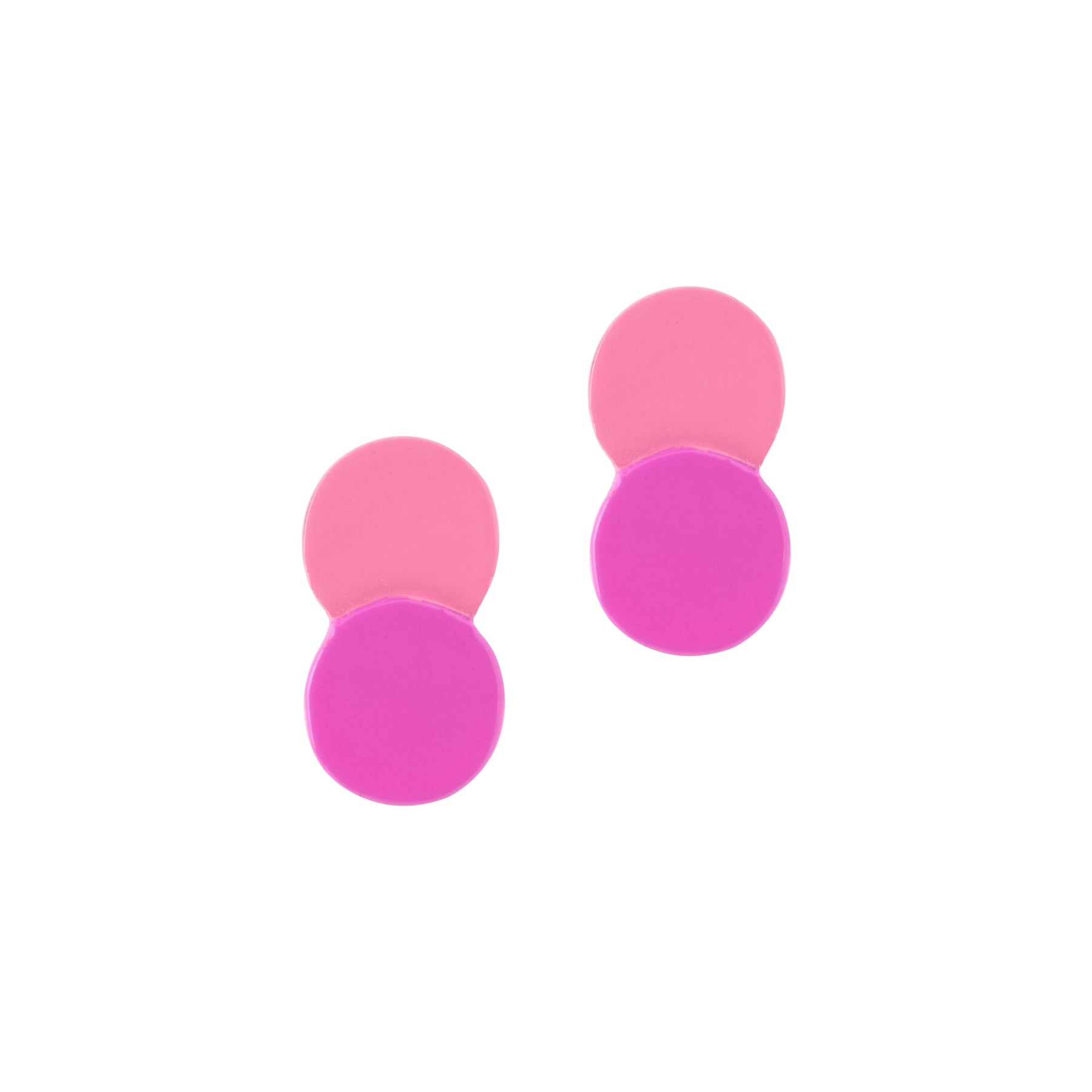 A pair of pink and magenta double circle stud earrings on a white background.