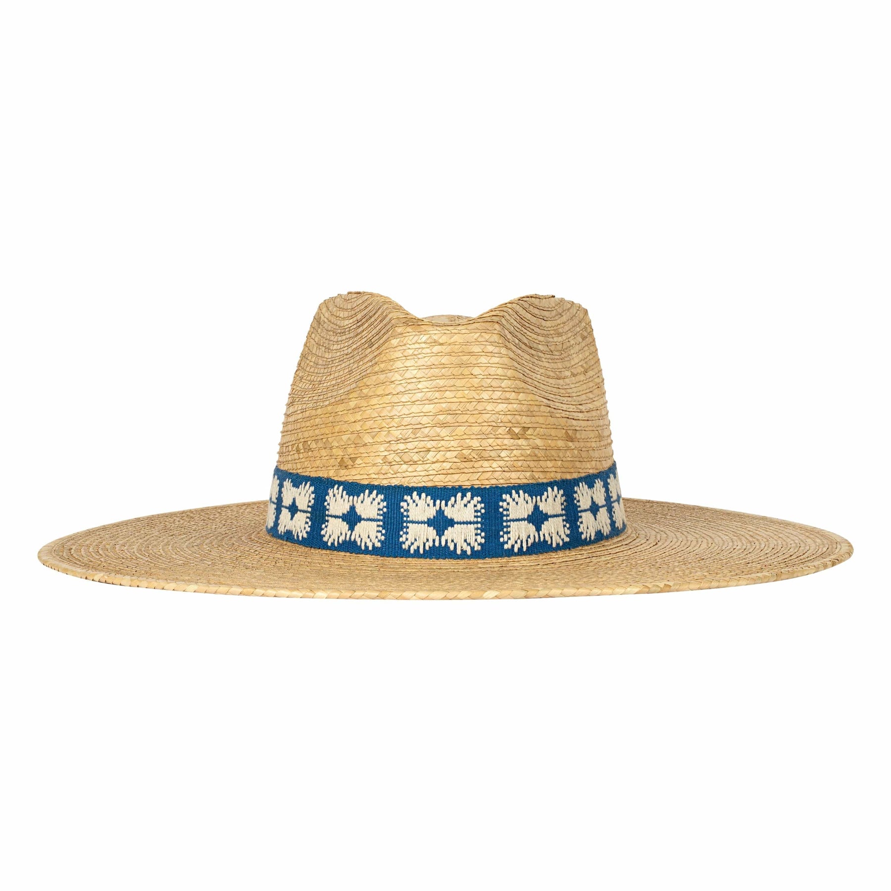 Straw hat with a blue band featuring white floral patterns on a white background