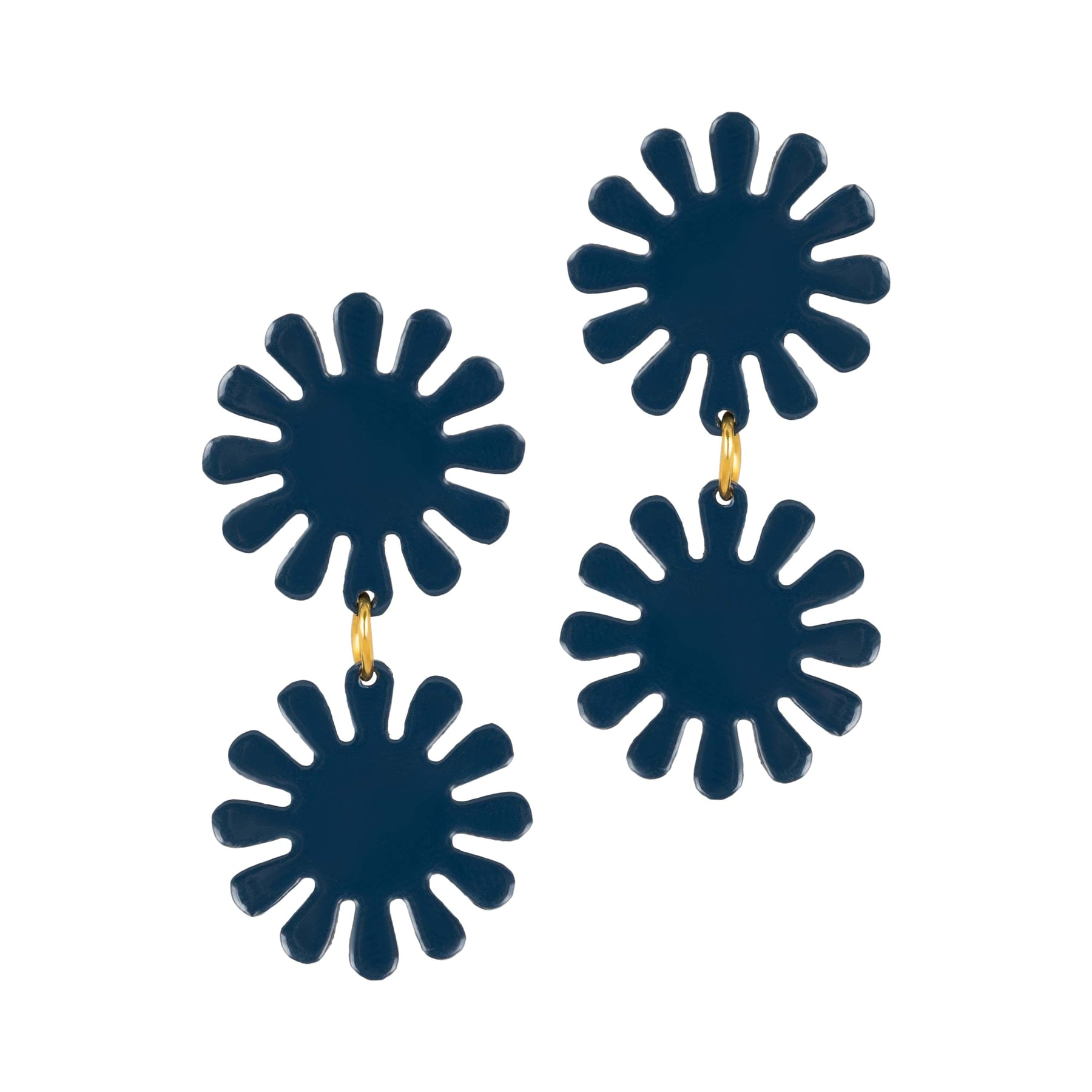 Set of blue sunflower-shaped earrings on a white background