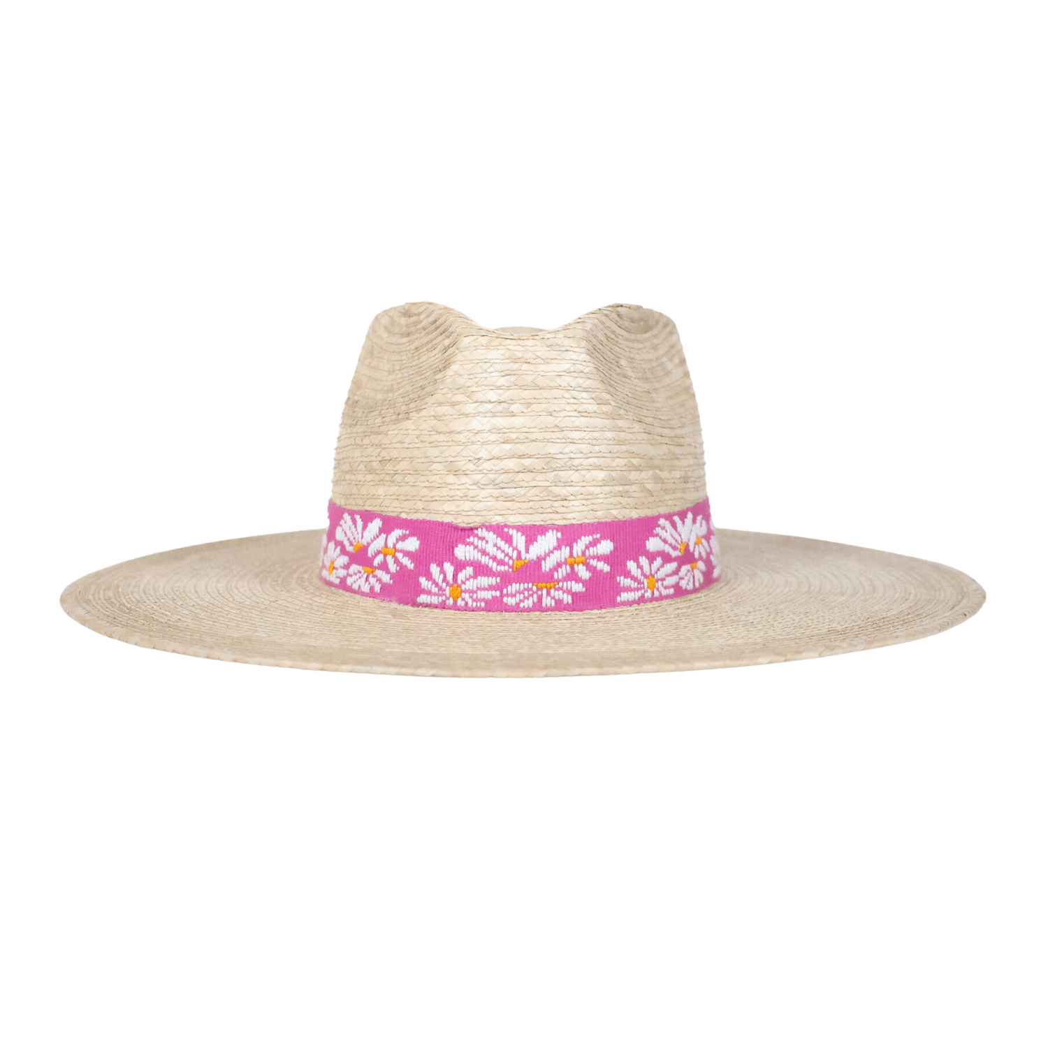 A beige palm hat with a pink cotton band featuring hand embroidered flower detail.