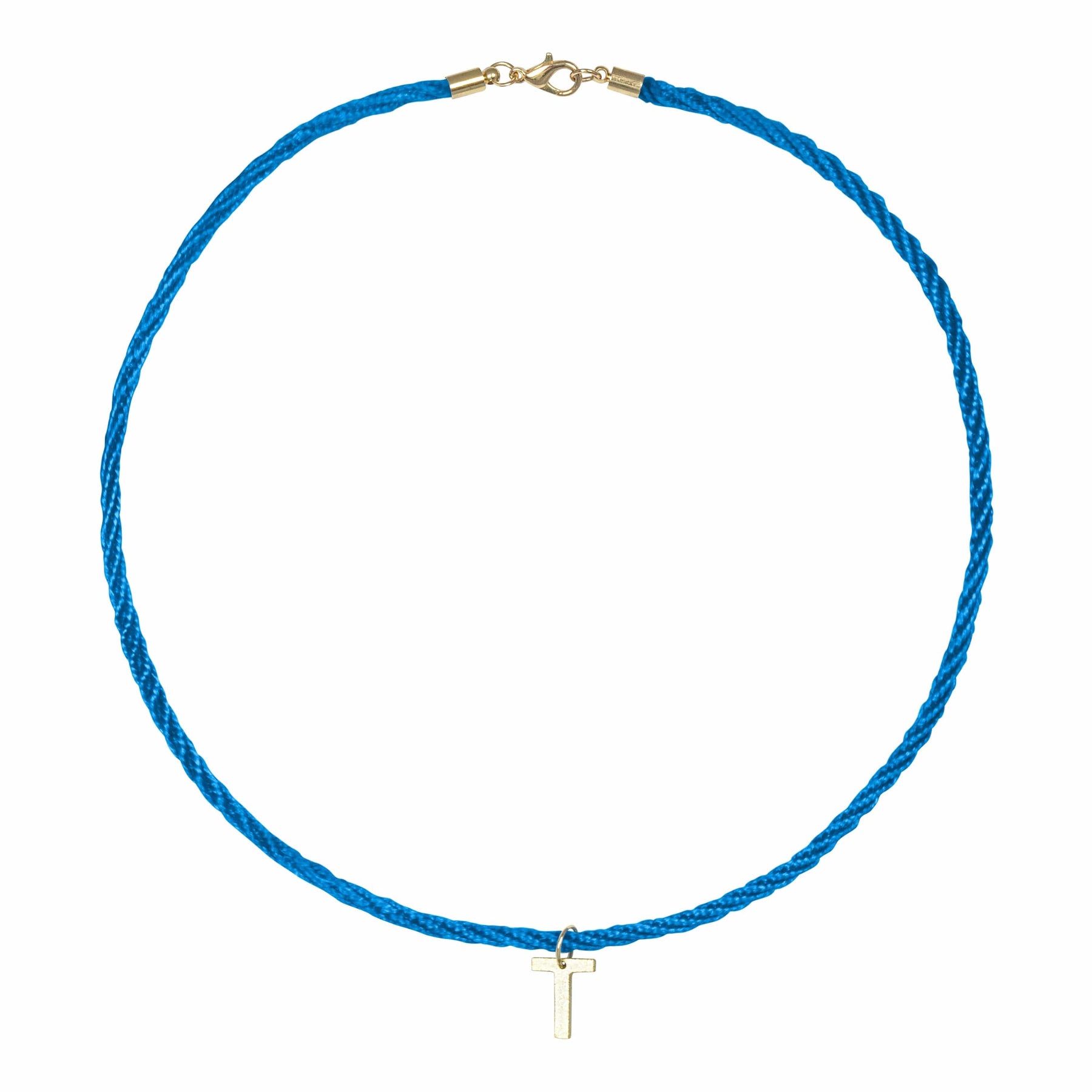 A blue rope necklace with a gold-colored clasp and a small gold charm hanging in the center.