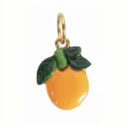 Lemon-shaped charm with green leaves on a white background