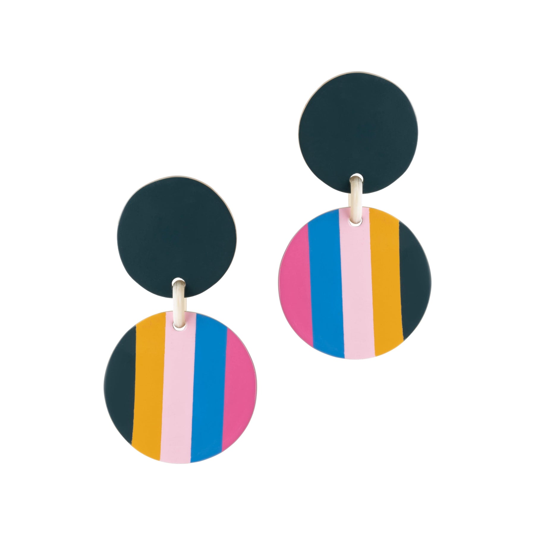 A pair of double dangle earrings with teal, pink, yellow, and blue stripes on a white background.