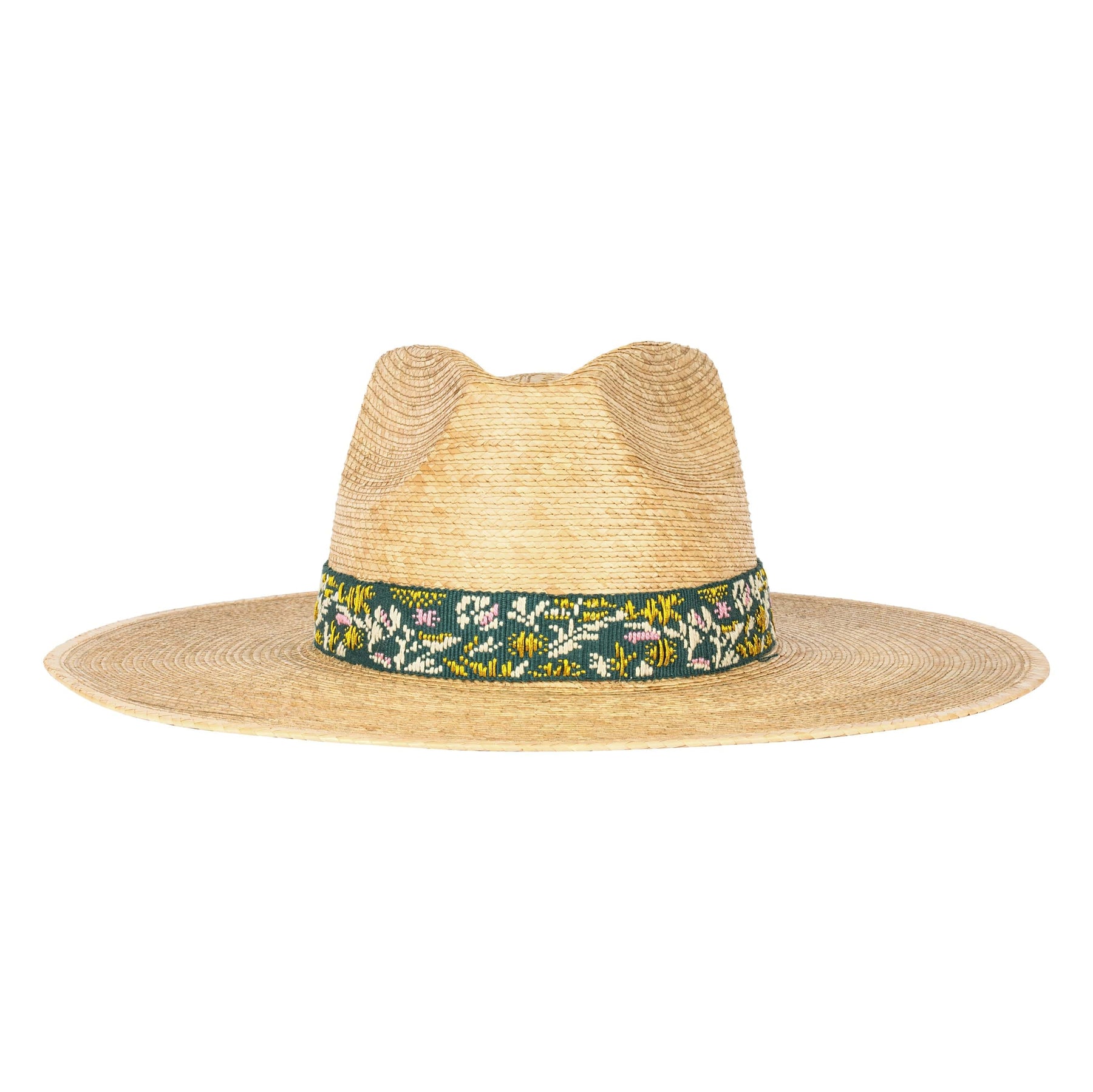 Straw hat with a floral band on a white background