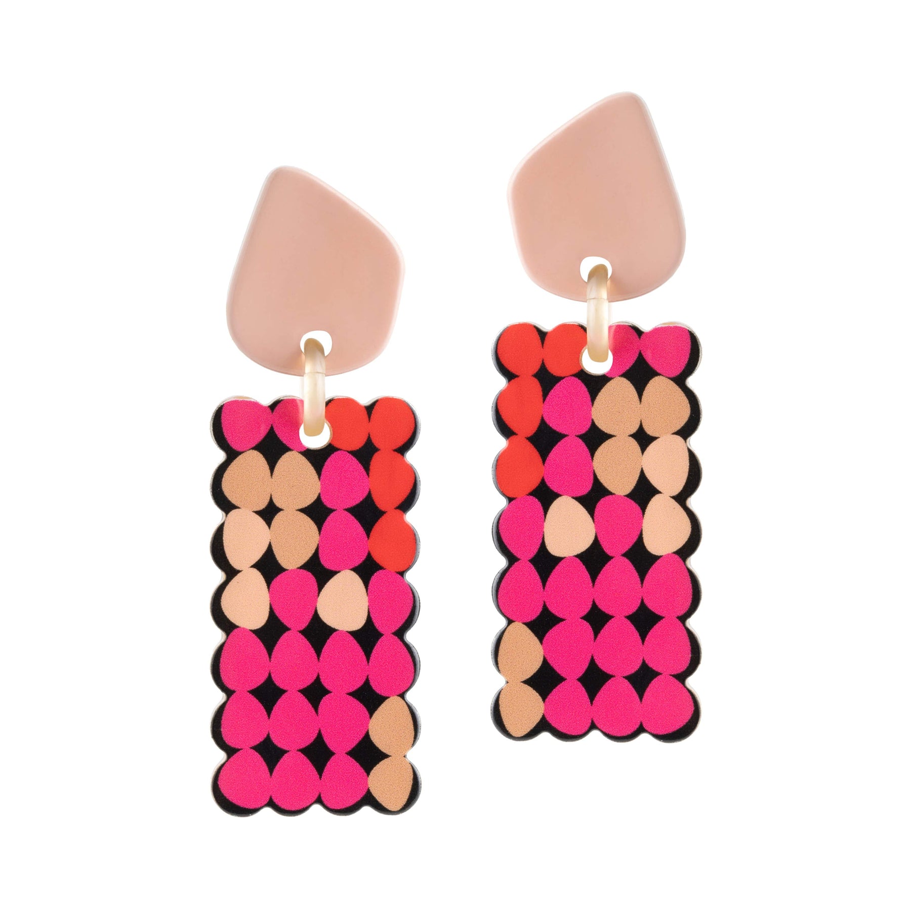 A pair of pink and black geometric patterned earrings with a buffalo horn material and stainless steel ear post.