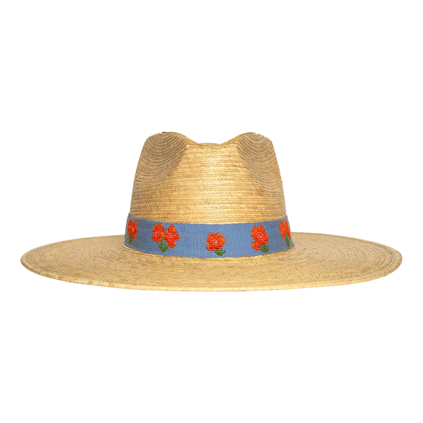 Straw hat with a floral band on a white background
