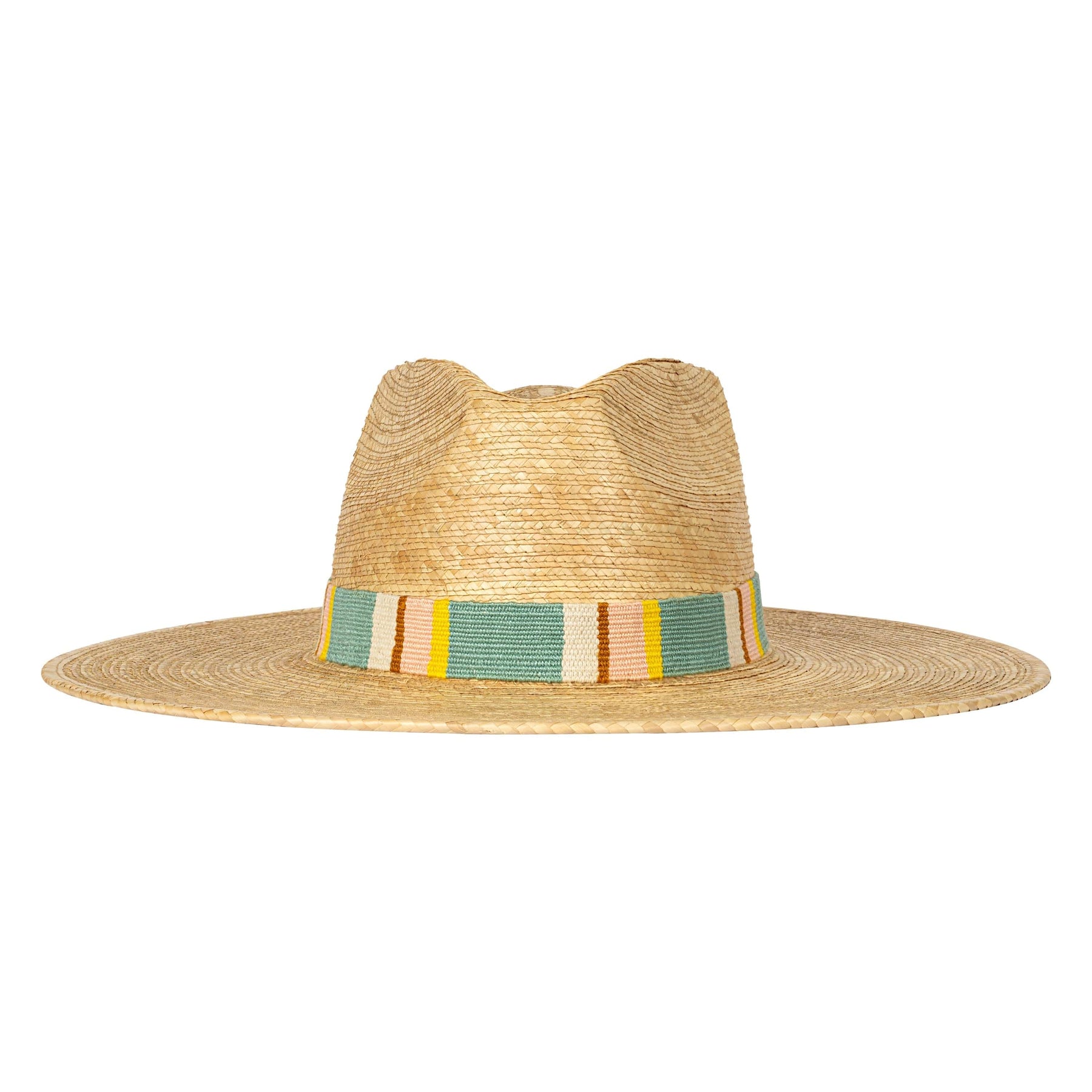Straw hat with a colorful band on a white background