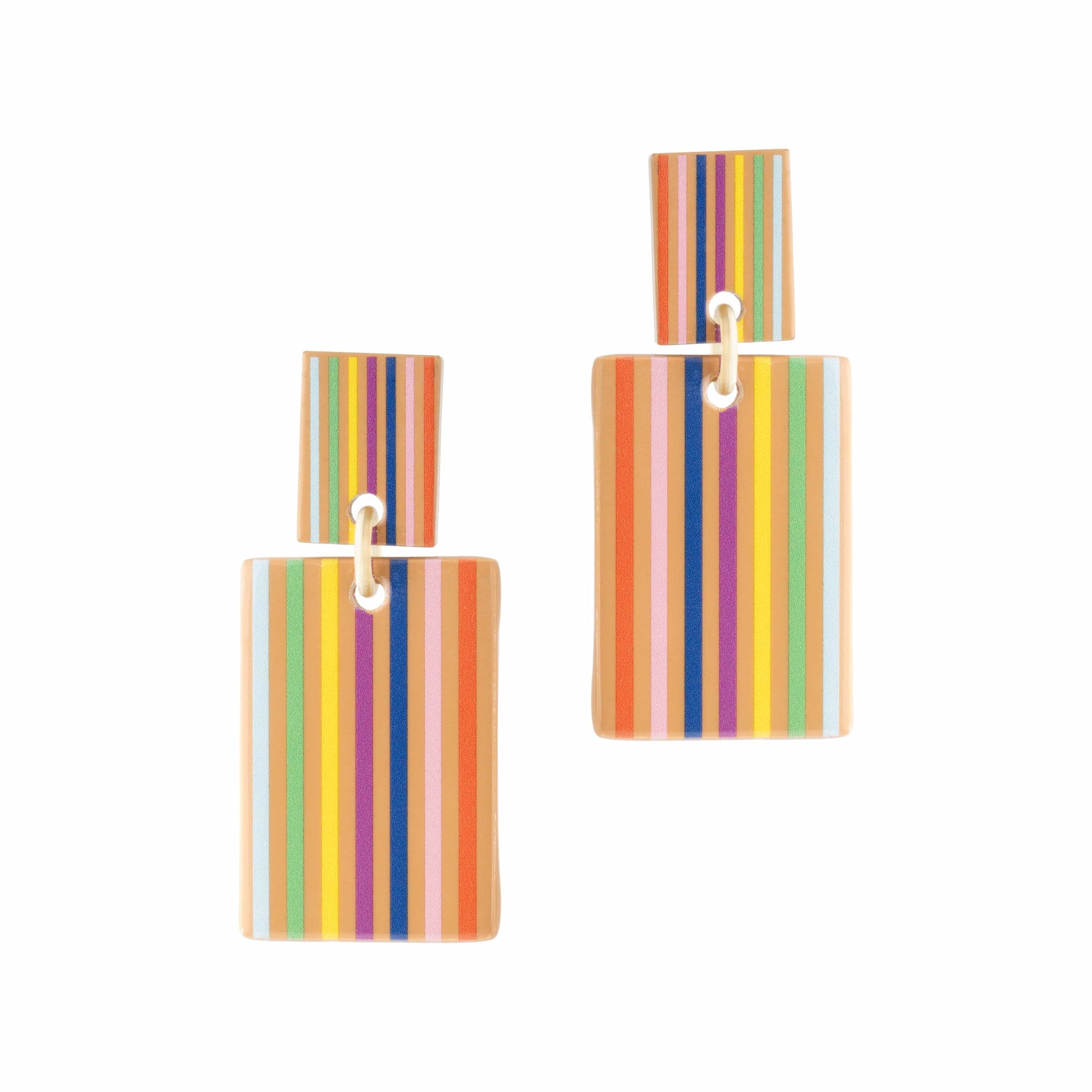 A pair of striped multicolored drop earrings, featuring rainbow colors and made from lightweight buffalo horn with stainless steel ear post.