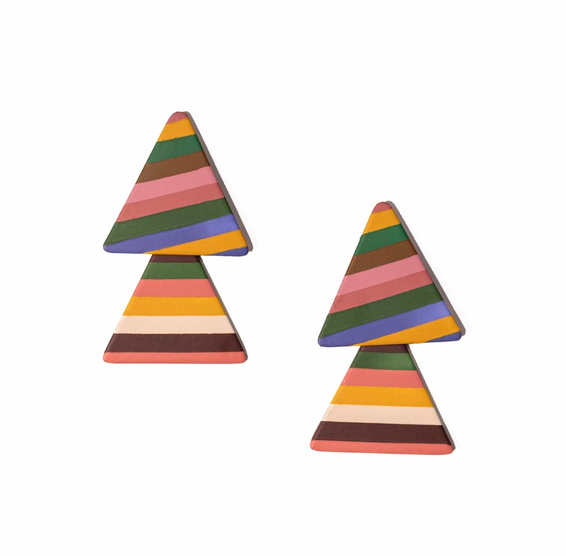 A pair of colorful triangle-shaped earrings with a mix of pink, green, brown, white, and yellow stripes on a lightweight buffalo horn base.