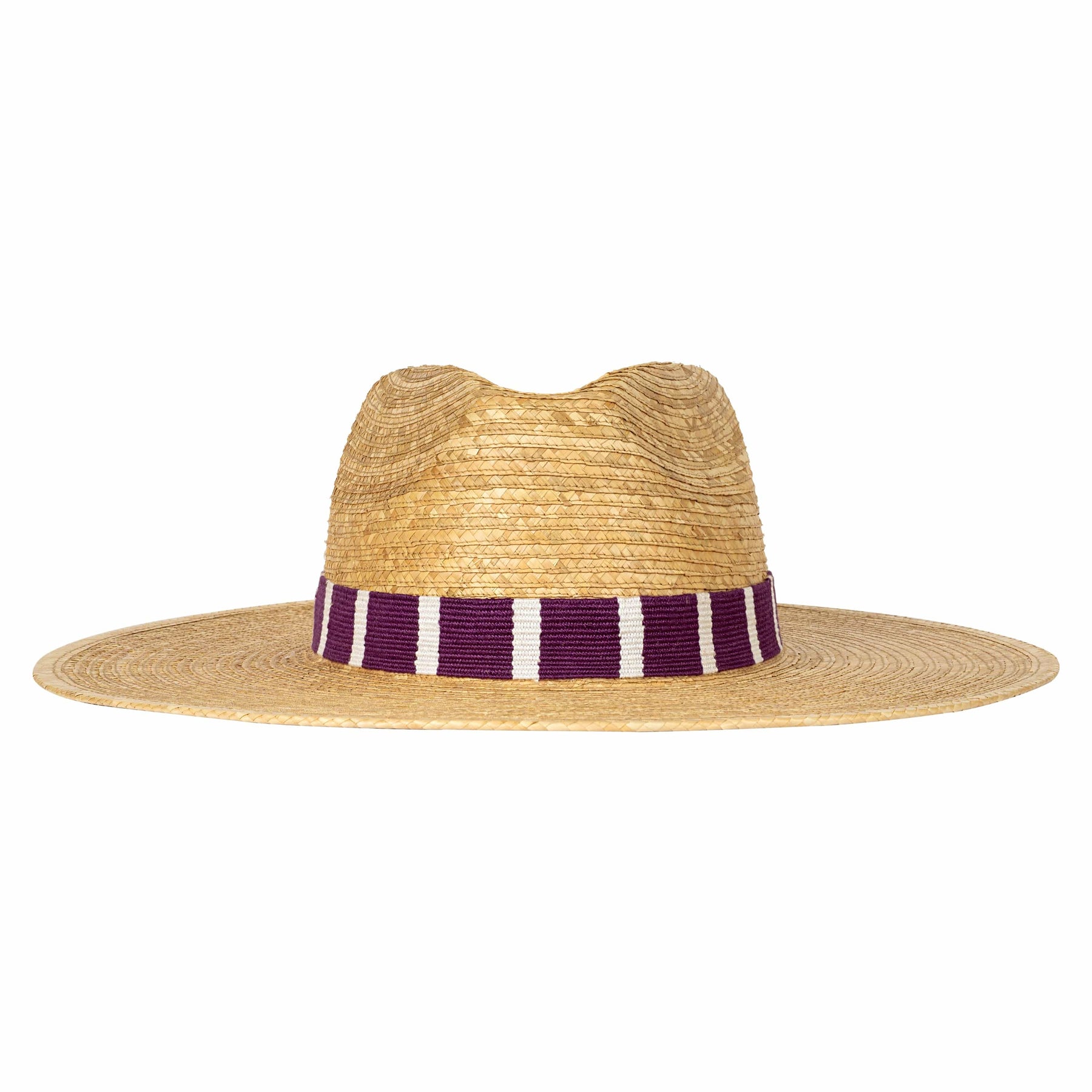 Straw hat with a purple and white striped band on a white background