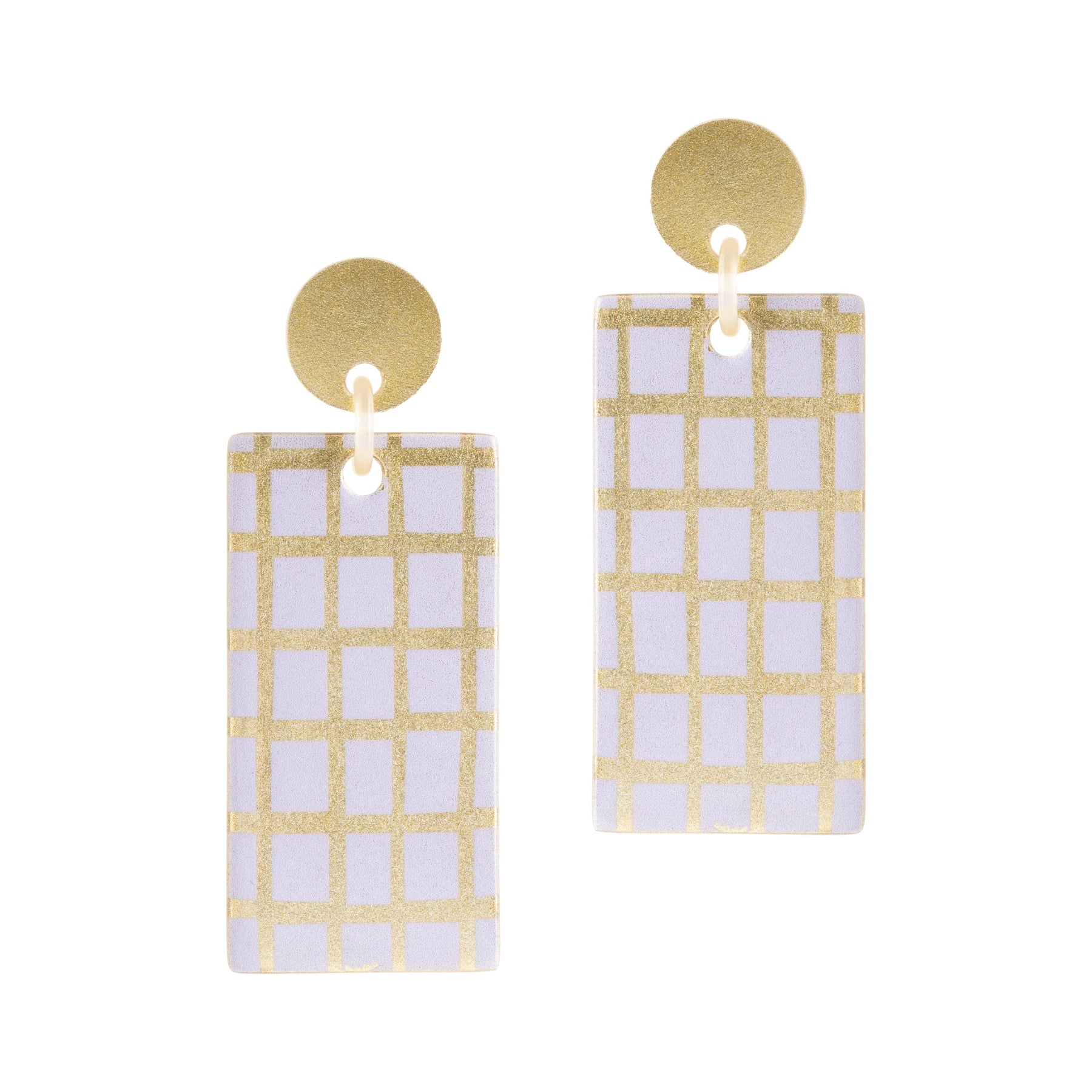 A pair of dangling earrings with a geometric pattern in gold and light purple colors.