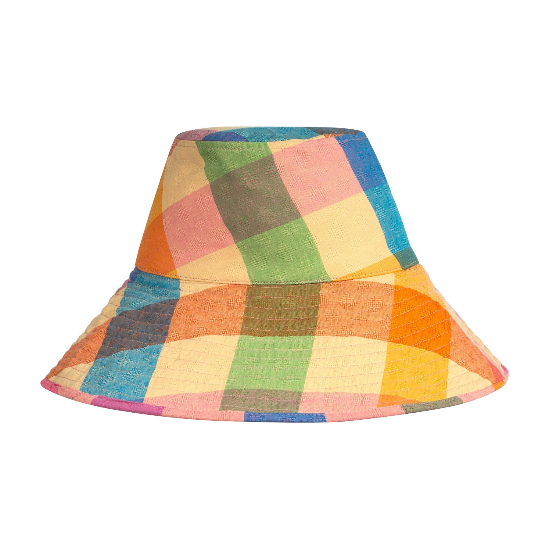 Colorful checkered bucket hat on a white background