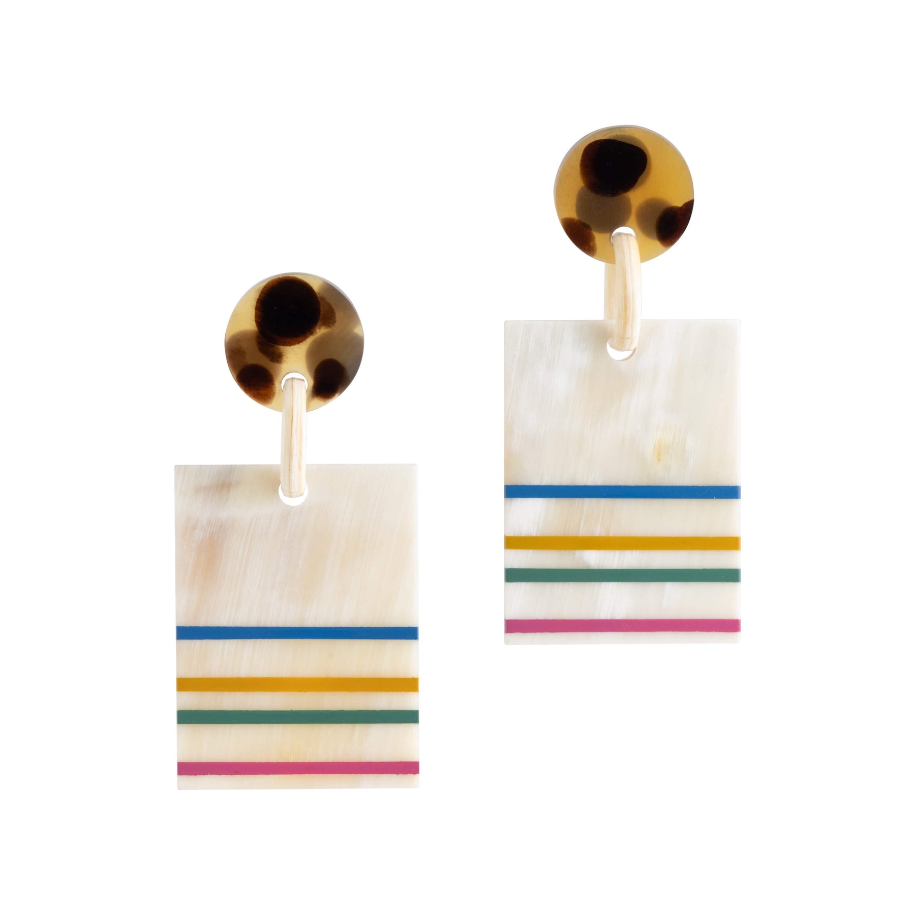 A pair of drop earrings featuring ivory horn with vibrant rainbow stripes and a tortoise shell-like pattern at the top.