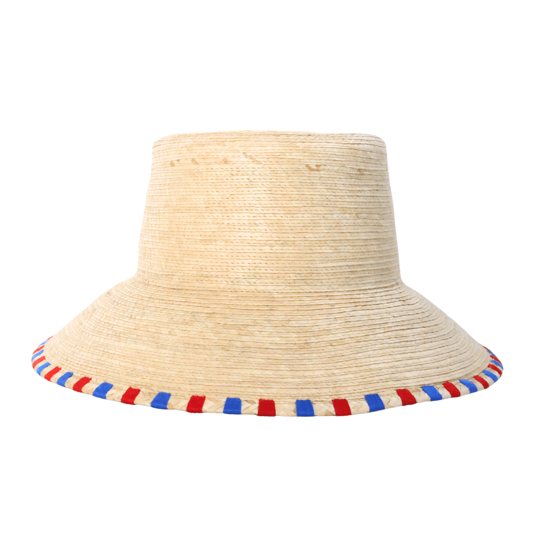 Beige straw hat with a colorful band on a white background