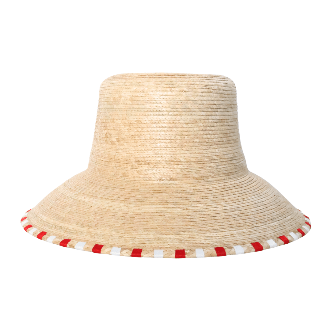 Beige straw hat with red and white striped band on a white background