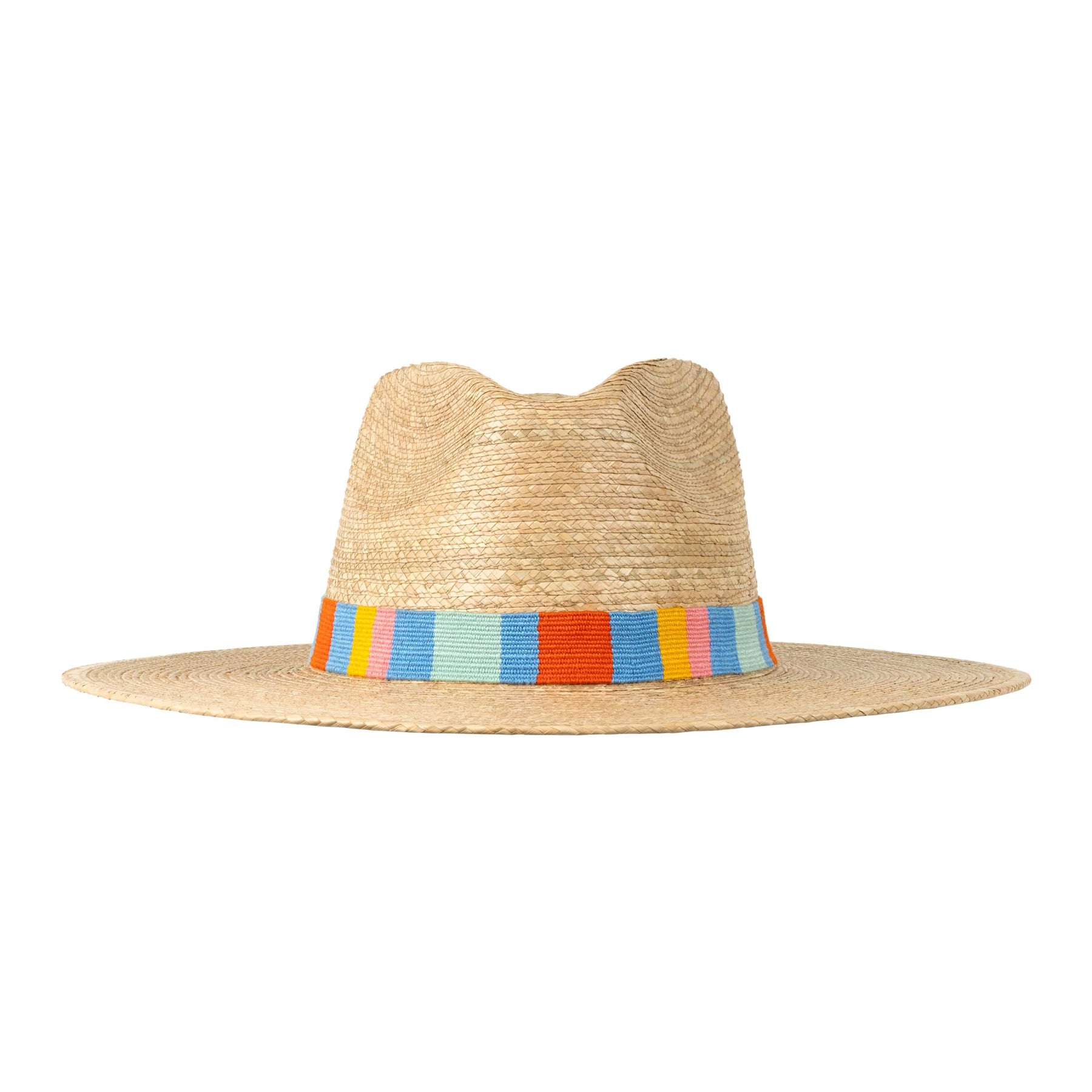 A straw hat with a wide brim featuring a colorful striped band with blue, turquoise, red, yellow, and pink stripes.