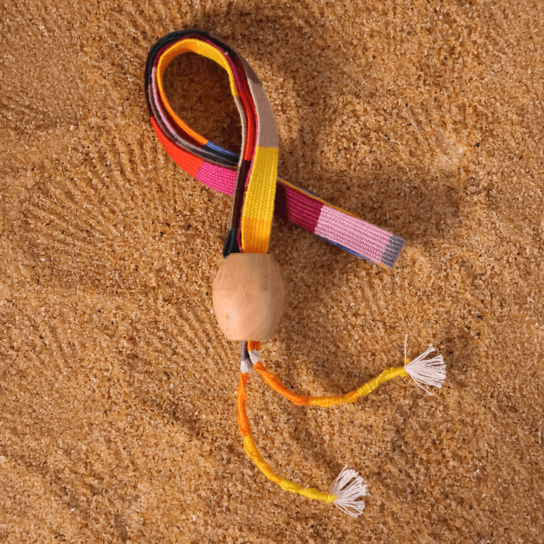 Colorful dog toy with a wooden ball on sandy ground