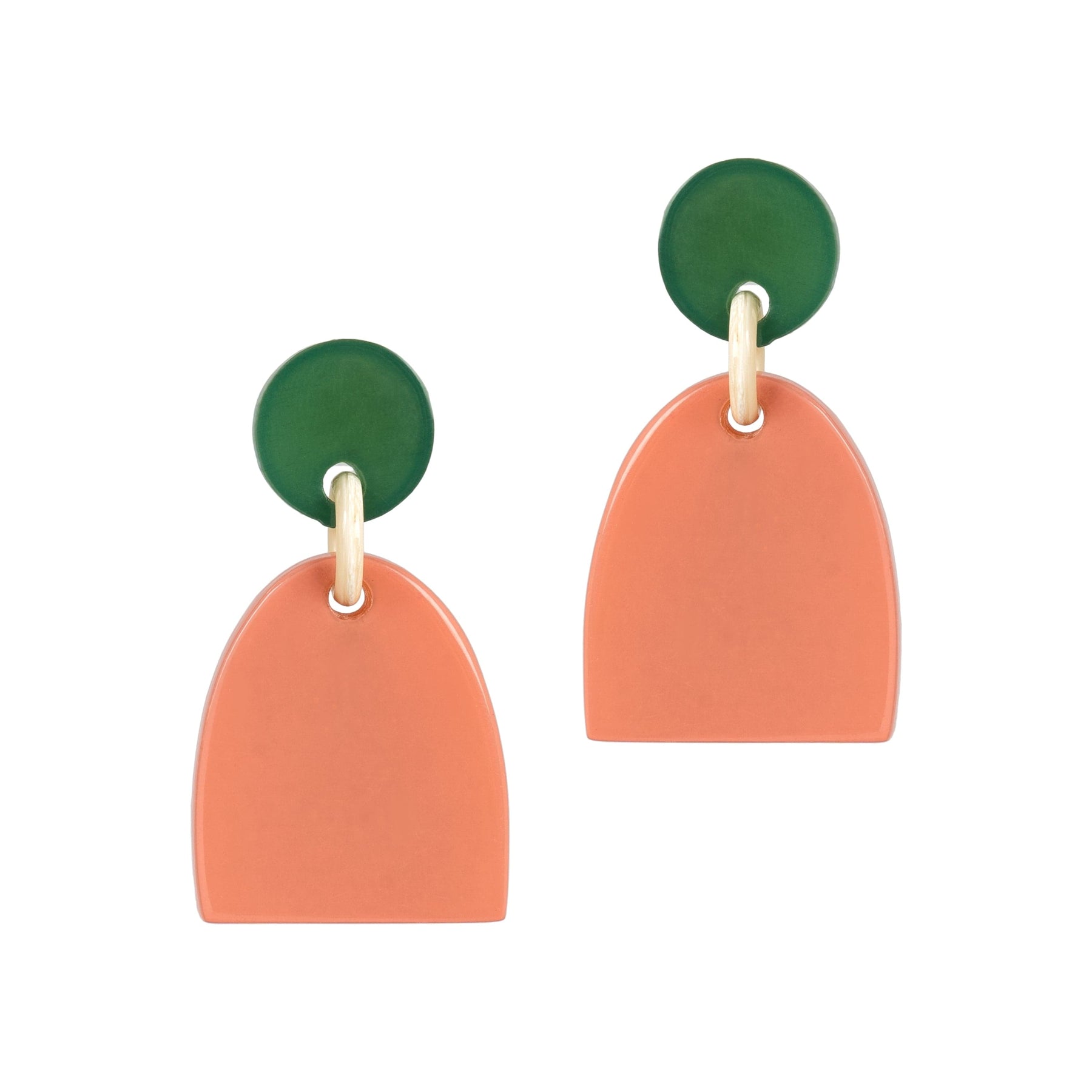 Pair of earrings with green and peach-colored semi-circular shapes on a white background