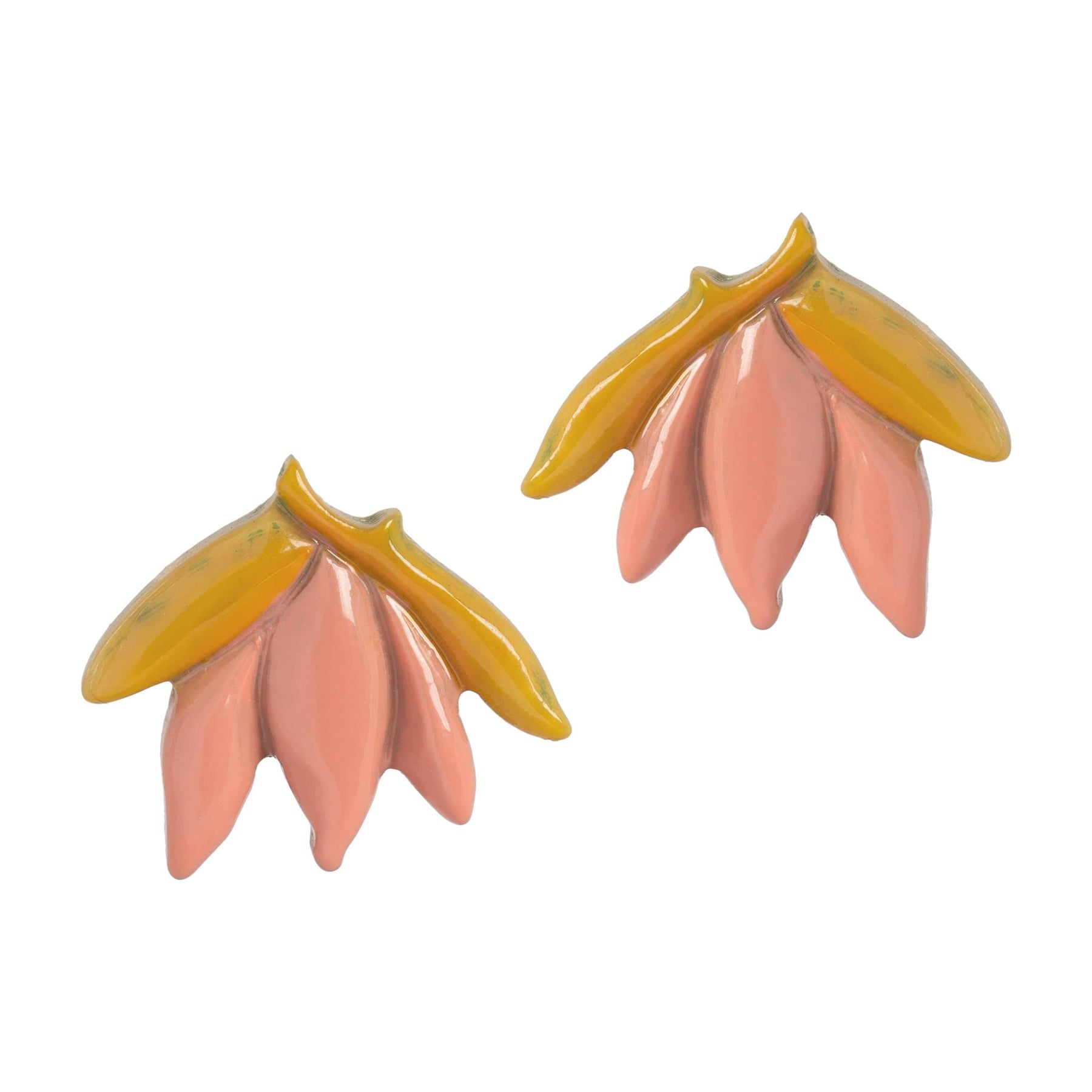 Pair of earrings with pink and yellow petal-like design on a white background