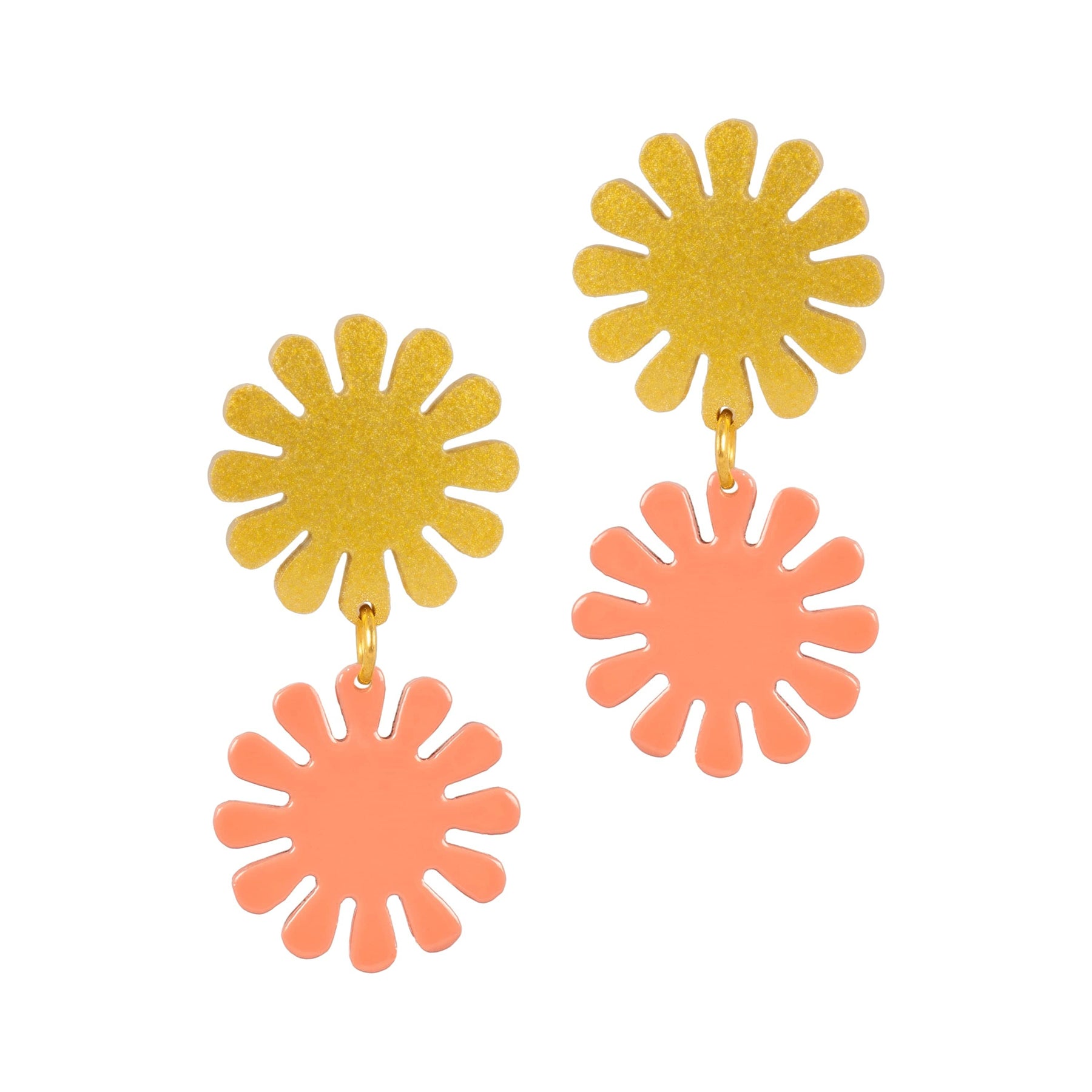 Pair of sunflower-shaped earrings in yellow and orange on a white background