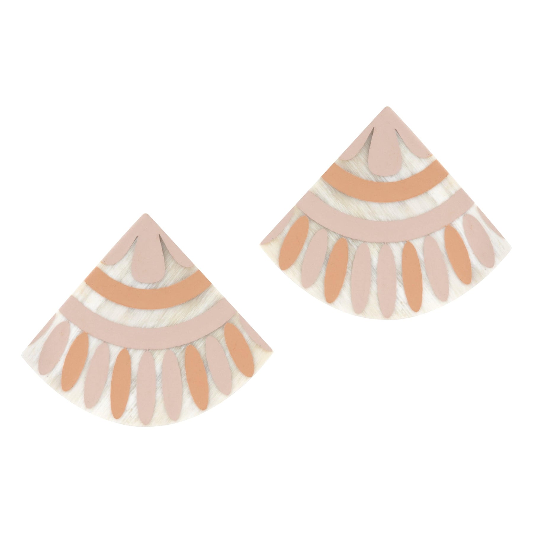 A pair of pink and peach geometric patterned earrings made from lightweight buffalo horn with stainless steel ear posts.