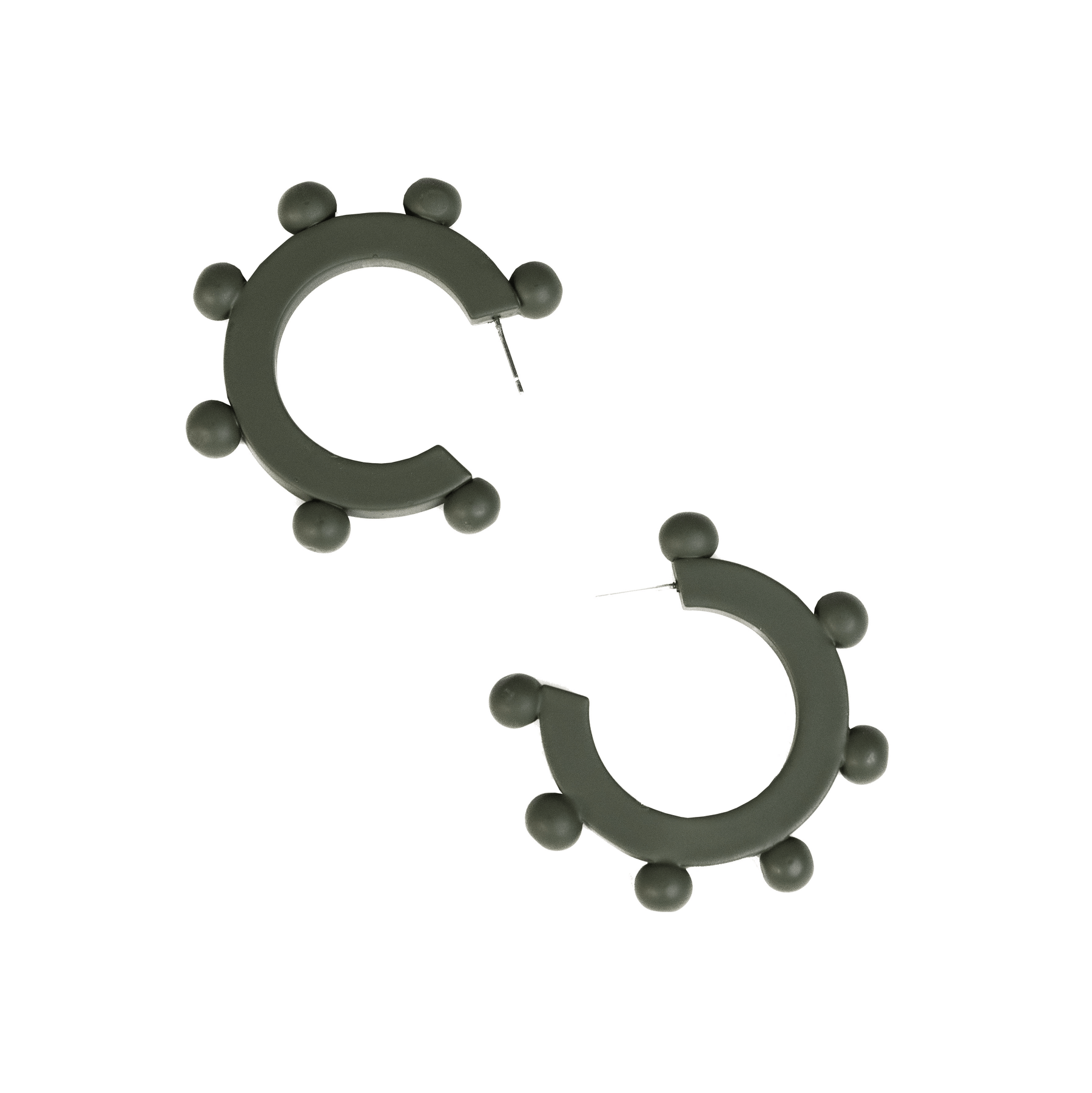 A pair of matte sage green bead hoop earrings with small spherical embellishments on a white background.