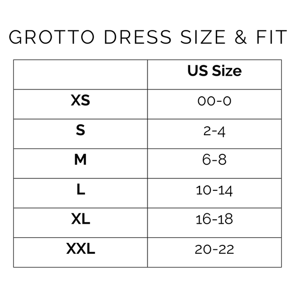 Size chart for Grotto Dress with US size equivalents #sizechart