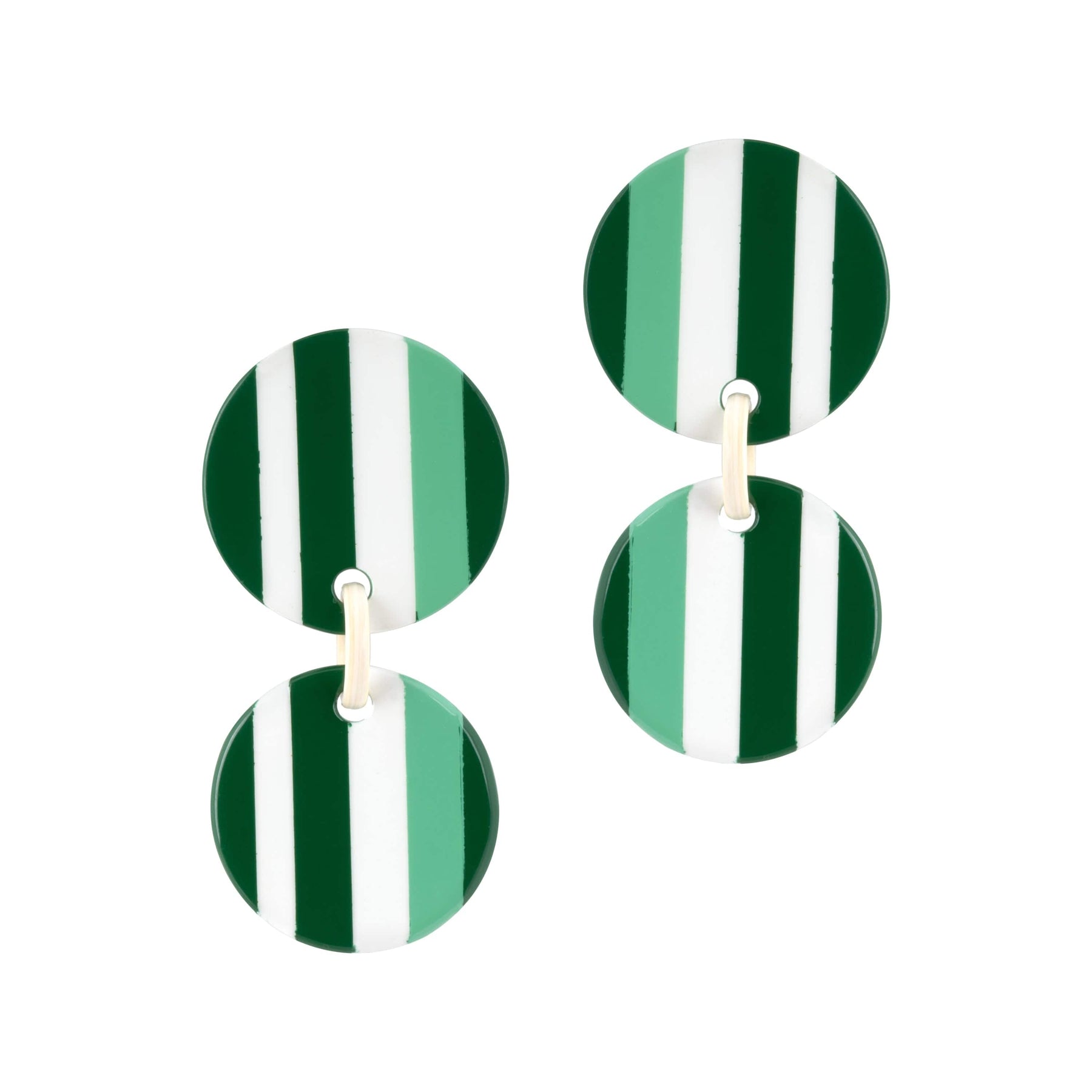A pair of green and white striped circular earrings with a double-dangle design.