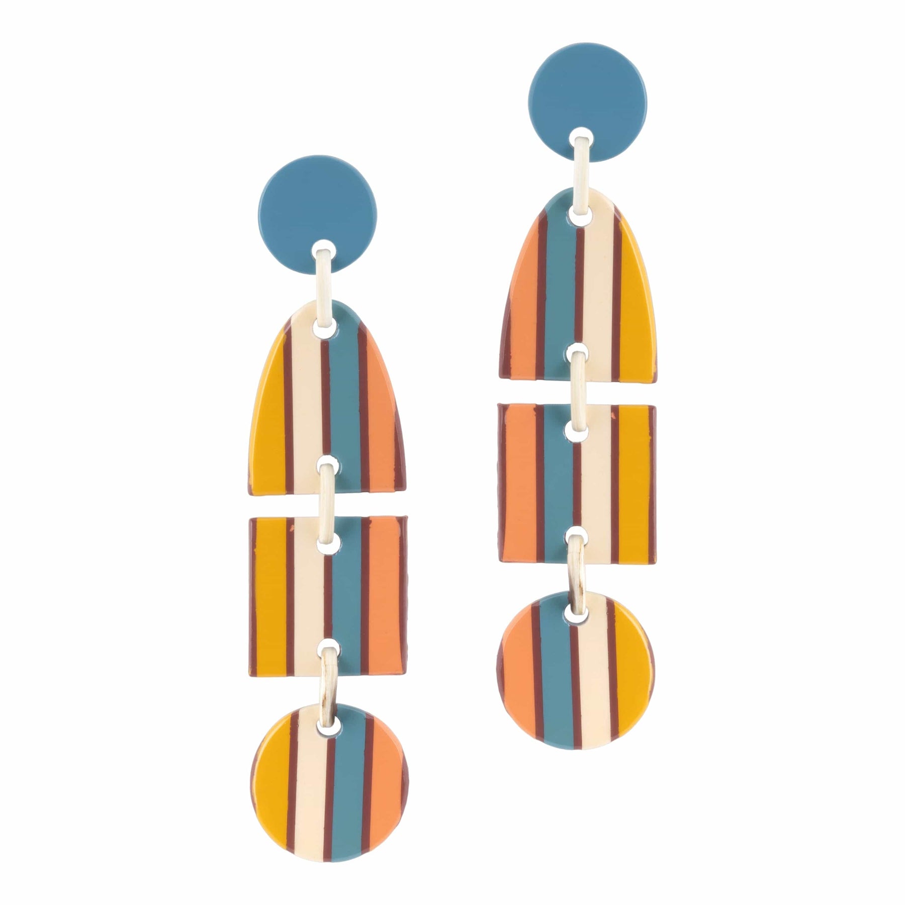 A pair of earrings featuring a series of striped buffalo horn dangles in blue, yellow, ivory, and peach colors, connected by silver stainless steel ear posts.