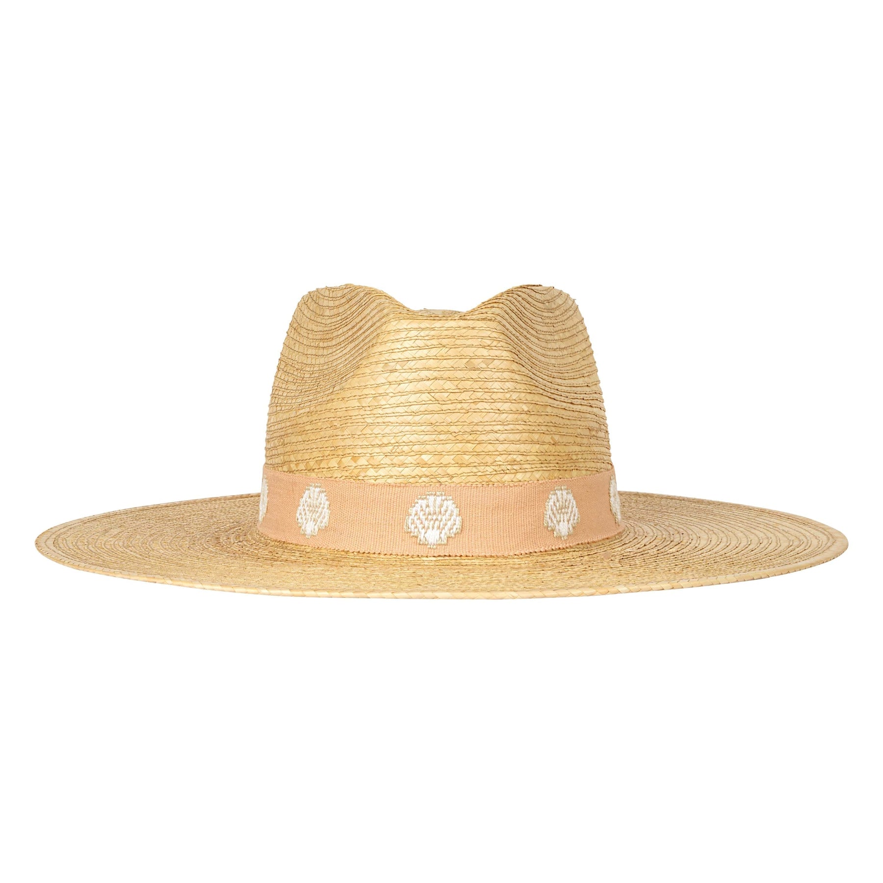 Beige straw hat with a decorative band on a white background