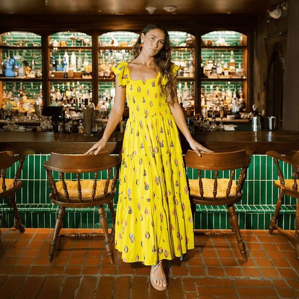 Sunshine Tienda Printed Tiered Rio Midi Dress, Size XS, Yellow