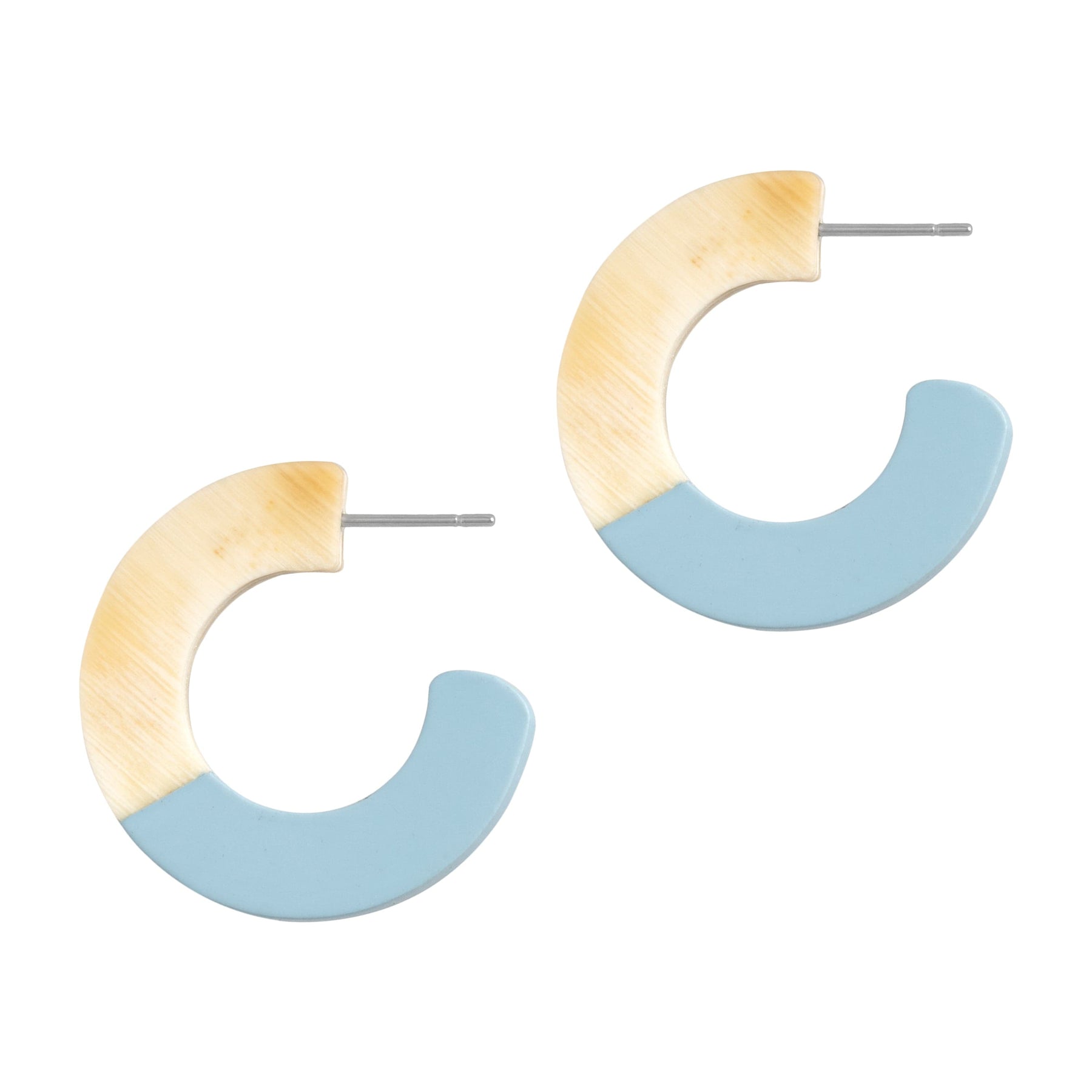 Pair of earrings with blue and beige half-circle design on a white background