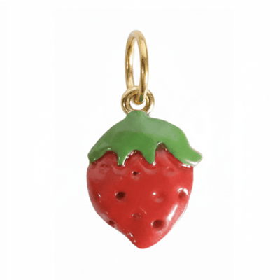 Strawberry-shaped charm with gold chain on a white background