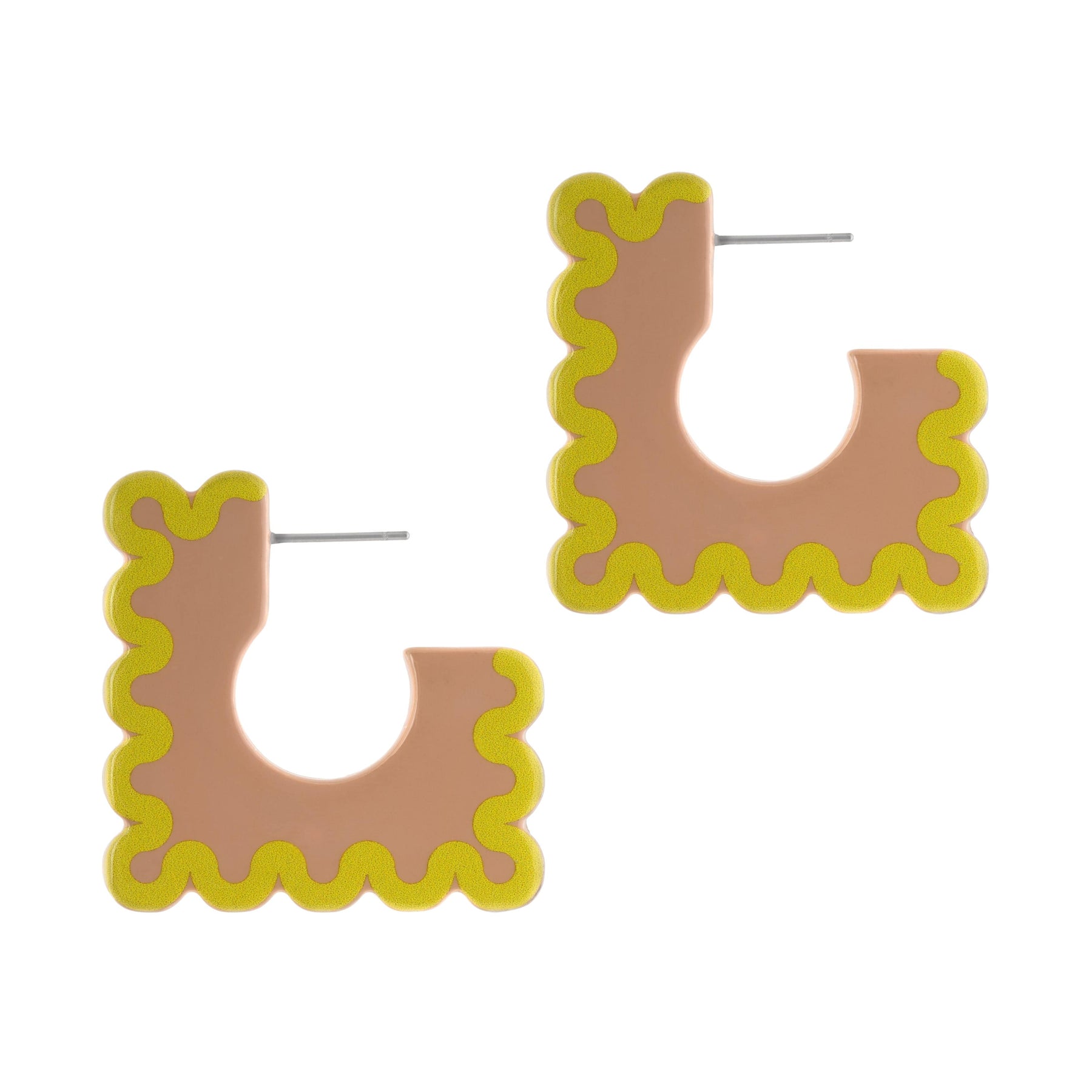 A pair of square-shaped earrings with a light pink color and a whimsical yellow squiggle outline.