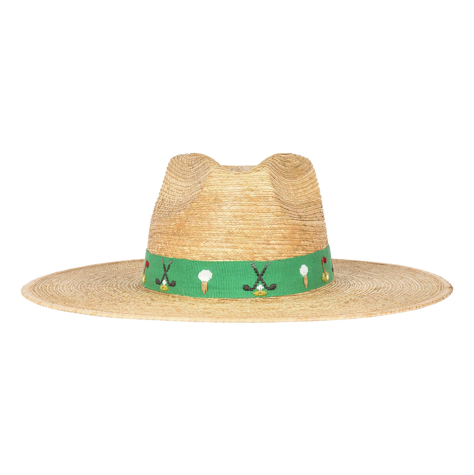 A beige palm hat with a green band featuring white and red golf clubs and balls.