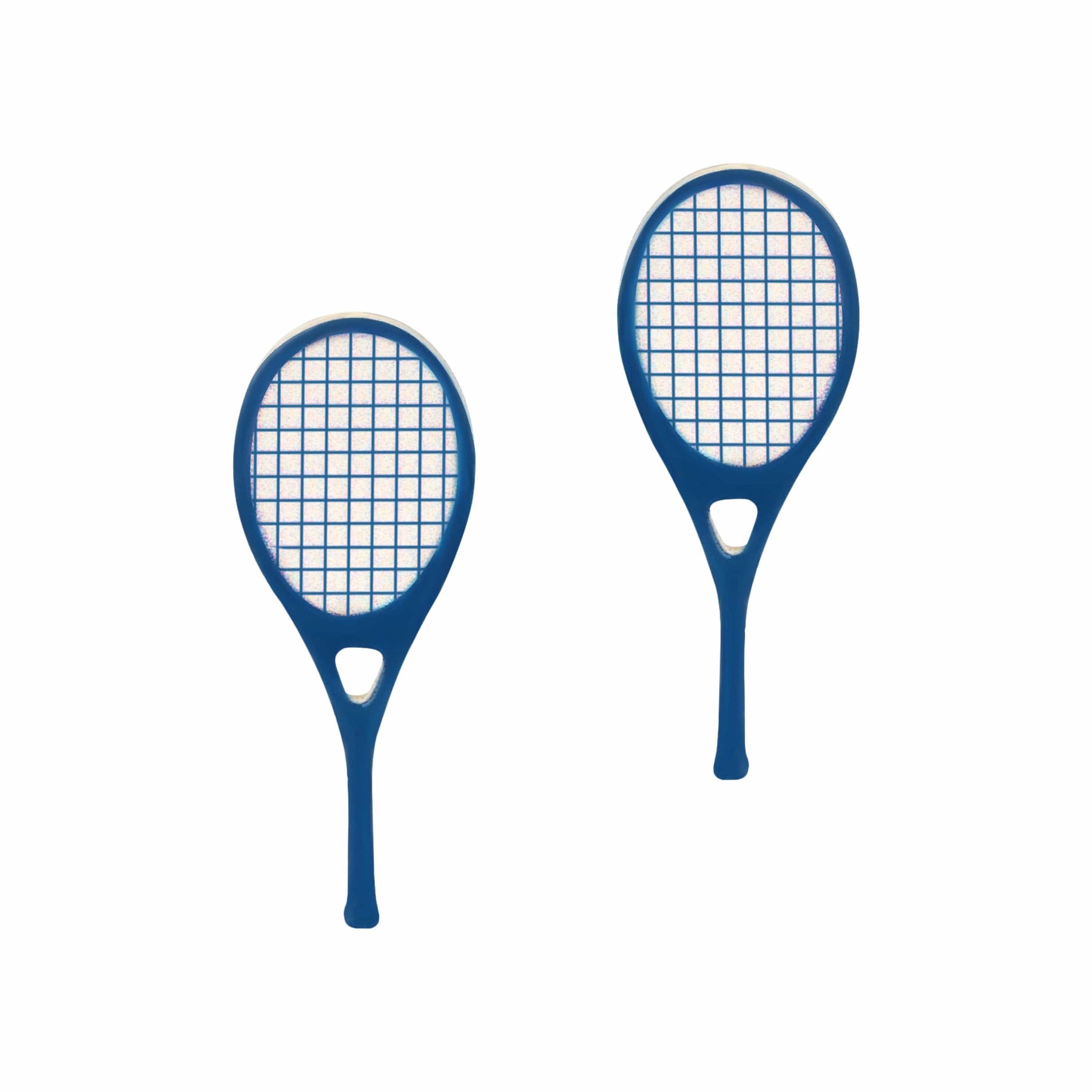 A pair of navy and white tennis racket earrings with a mesh pattern on the frame and a solid color design on the posts.