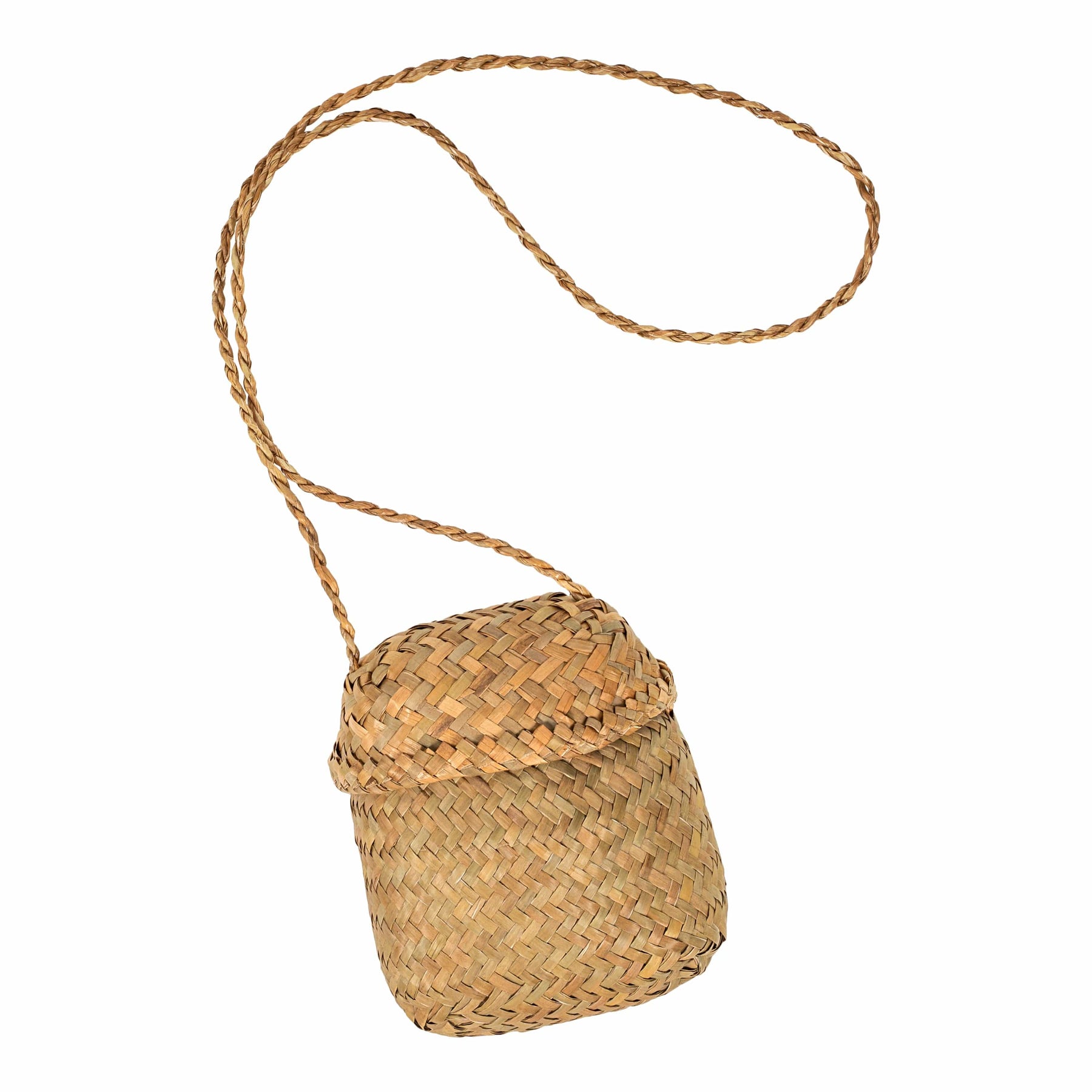 Woven basket with a handle on a white background