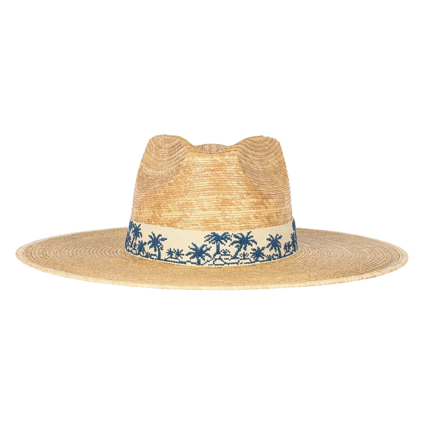 Straw hat with a decorative band featuring palm tree designs on a white background