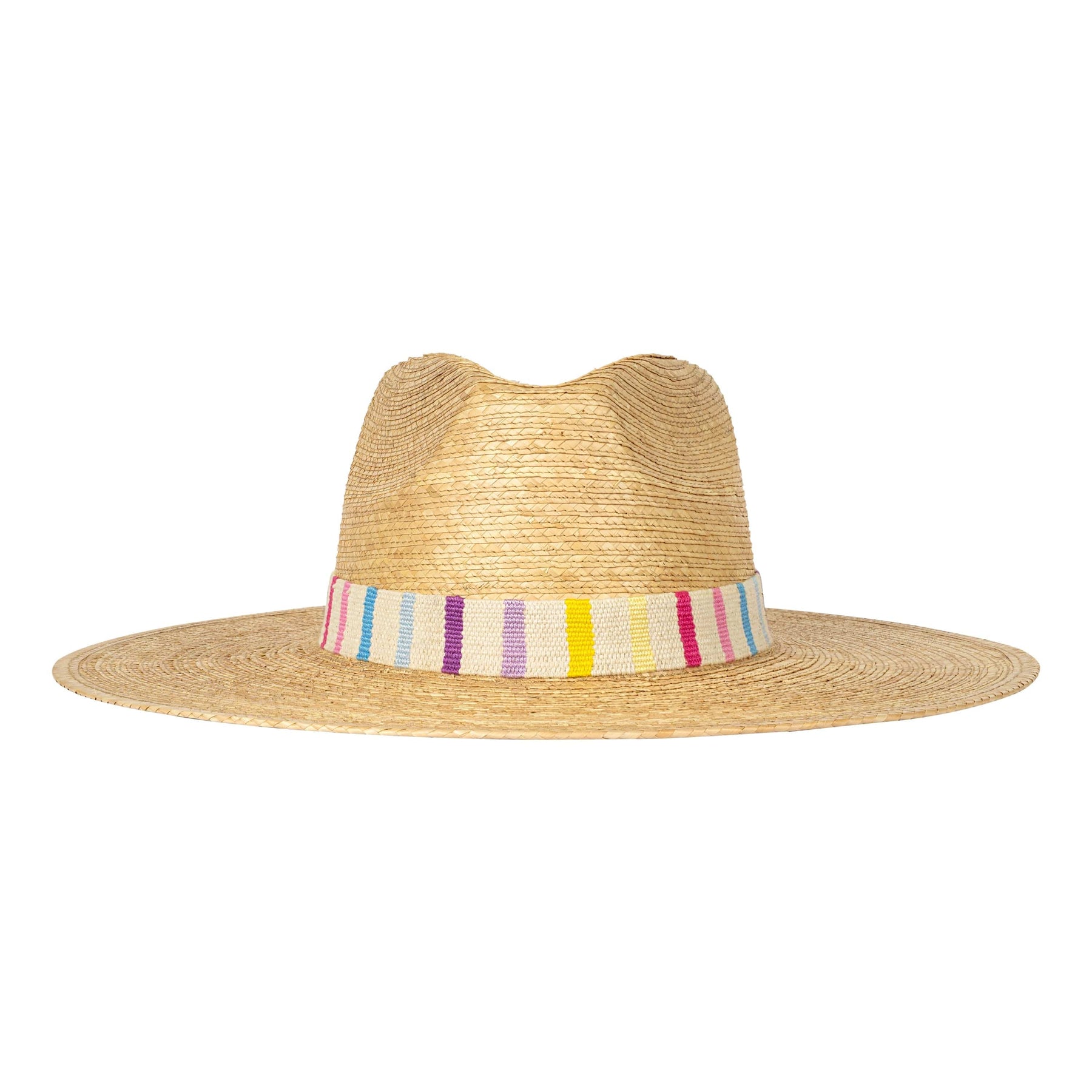 Straw hat with a colorful striped band on a white background