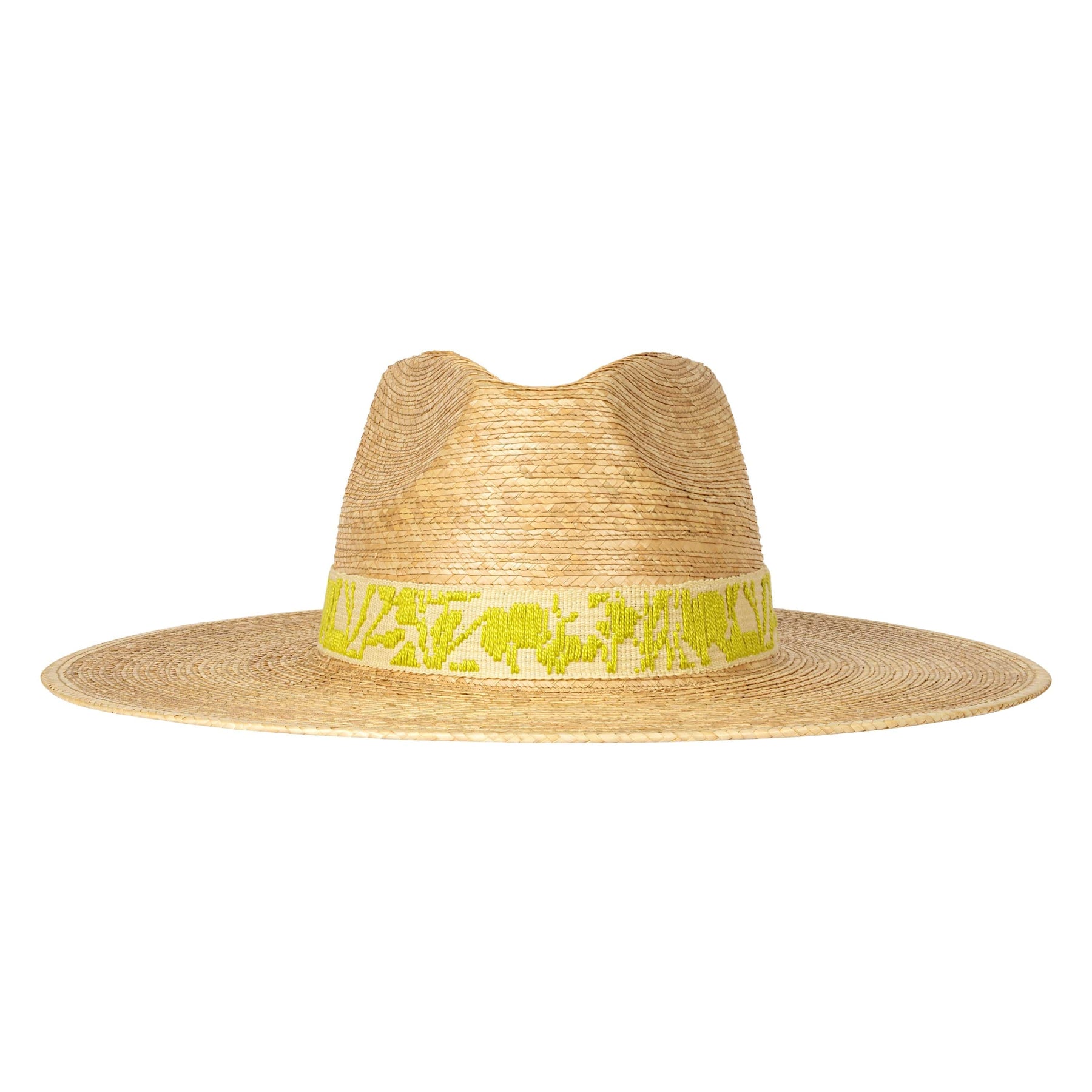 Straw hat with a yellow band featuring elephant designs on a white background