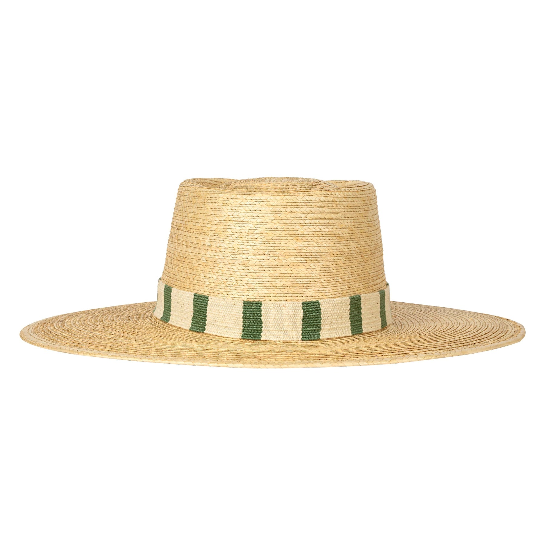 Straw hat with a striped band on a white background