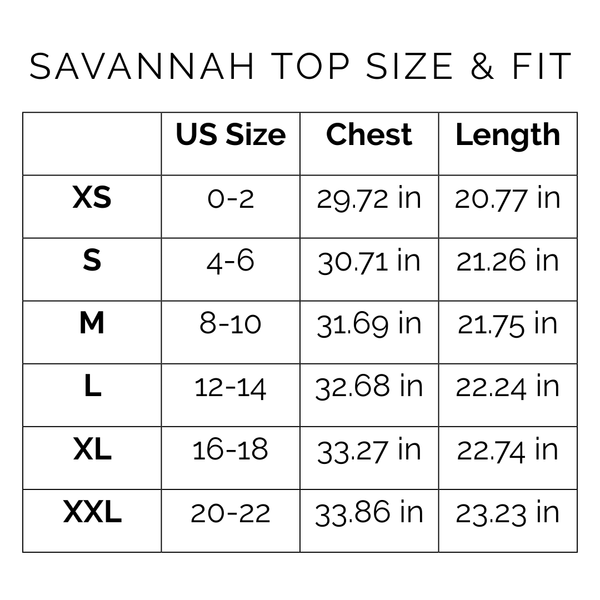 Sunshine Tienda® Viridian Tile Savannah Top #sizechart