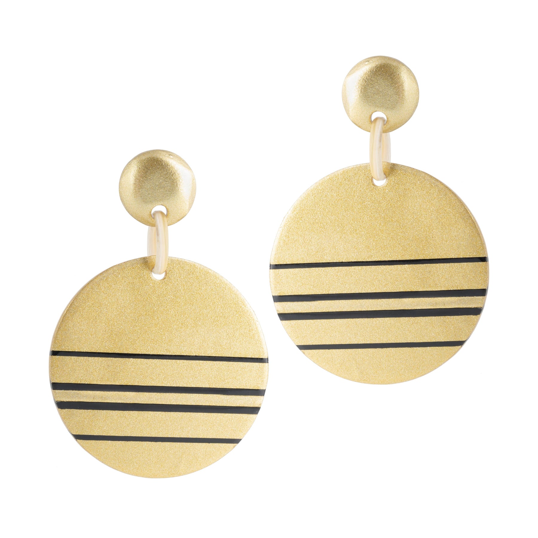 A pair of gold circle earrings with black stripes, hanging from stainless steel ear posts.