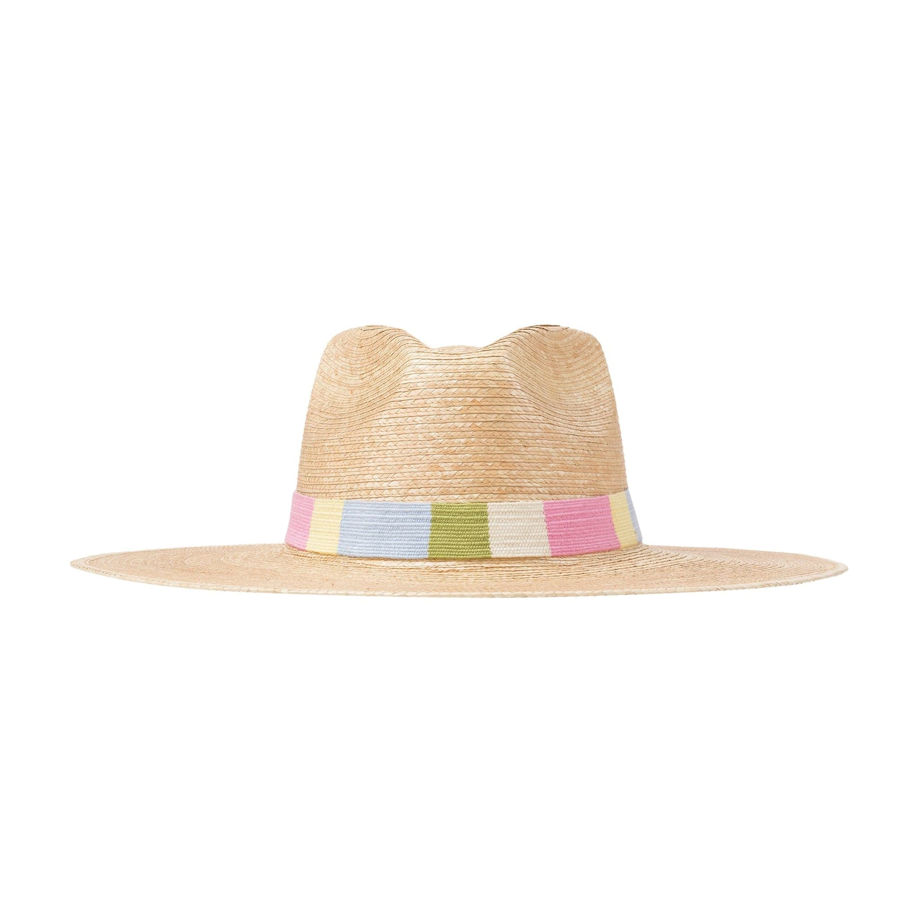 A palm hat with a cotton band featuring pastel stripes.