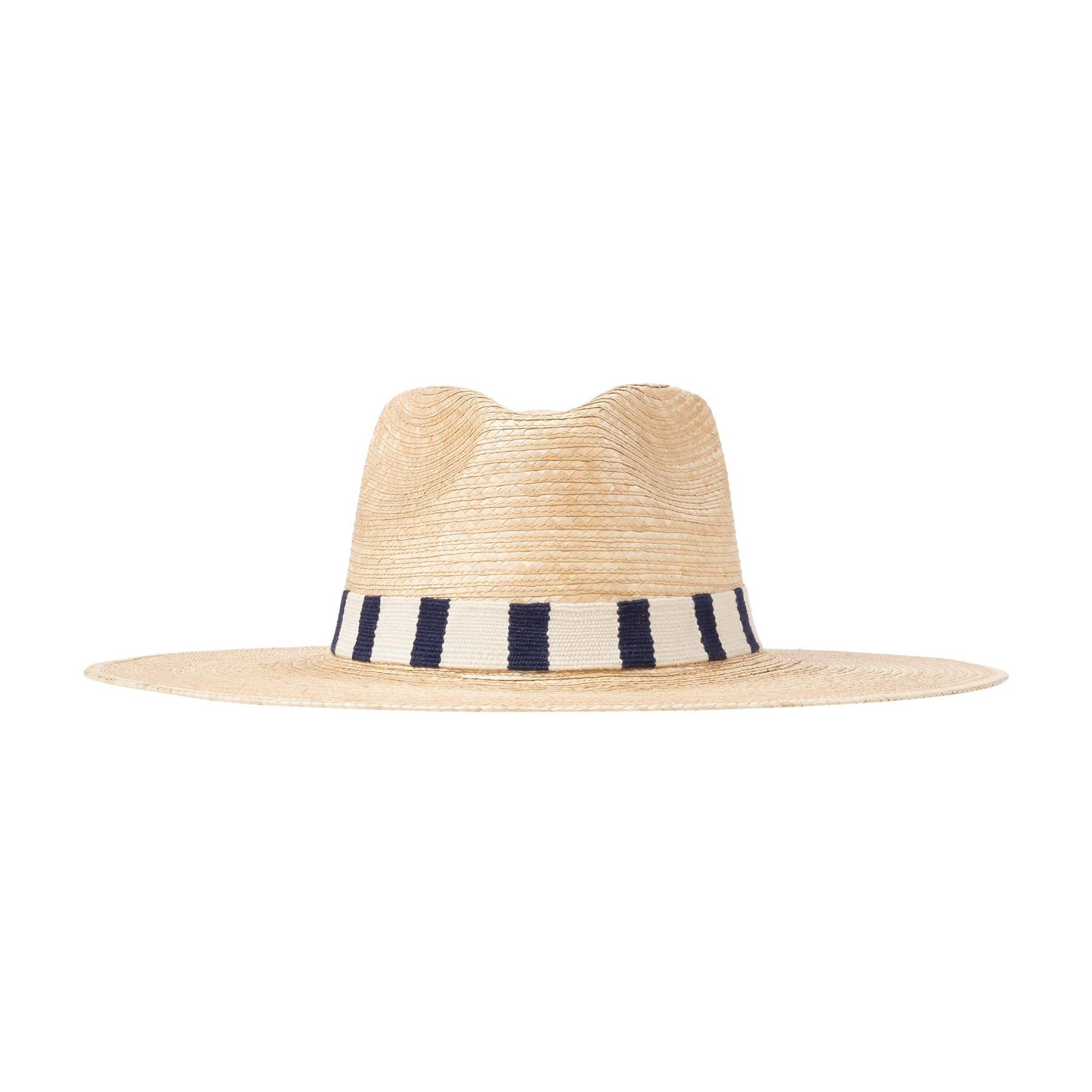 A straw hat with a neutral cotton band featuring navy stripes, viewed from the front.