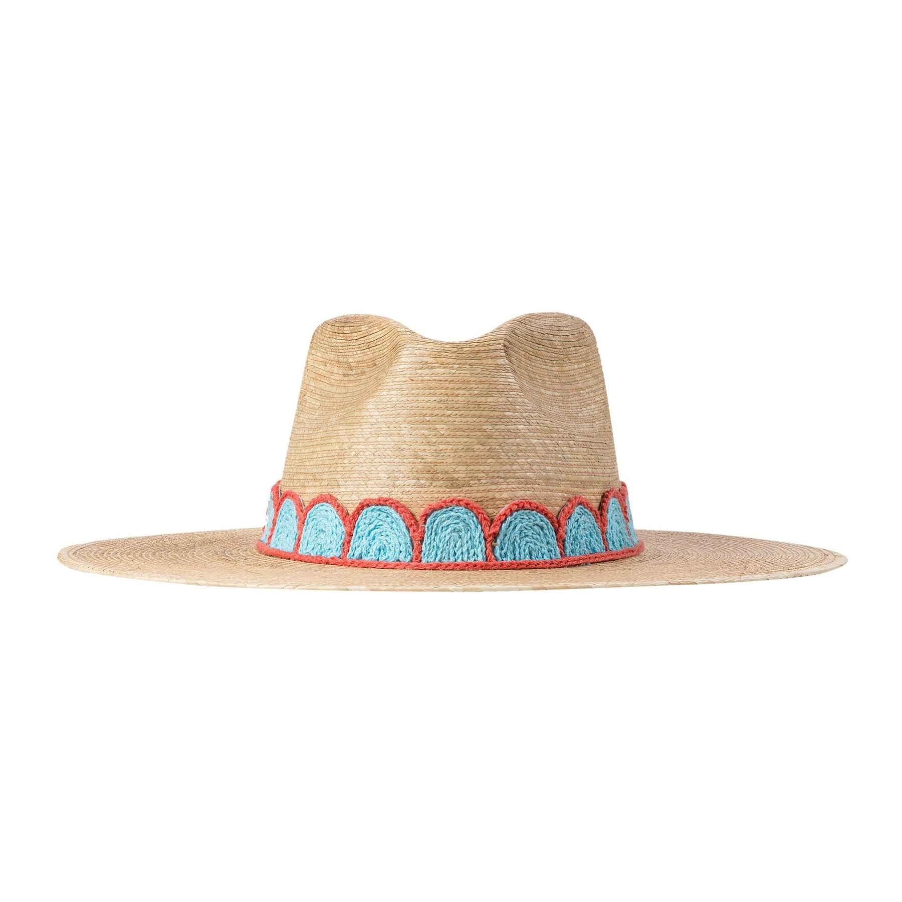 A straw hat with a beige crown and a wide brim featuring a turquoise and coral red crocheted band.