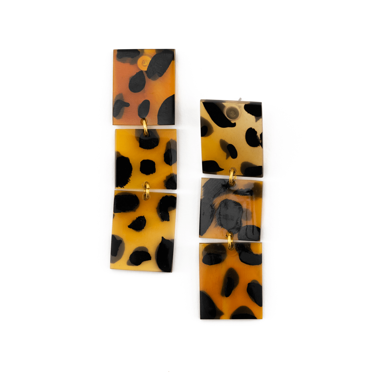 A pair of tortoise patterned drop earrings with multiple layers of rectangular shapes on a white background.