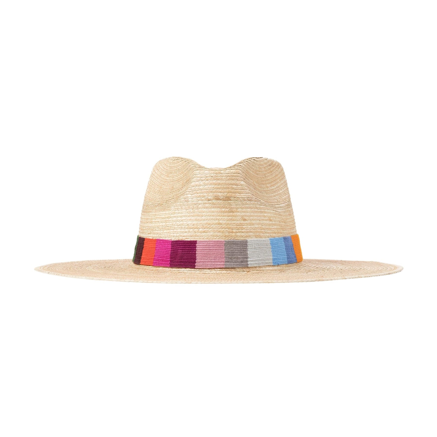 A palm leaf hat with a wide brim featuring a colorful woven band in pink, blue, green, and orange, set against a plain background.