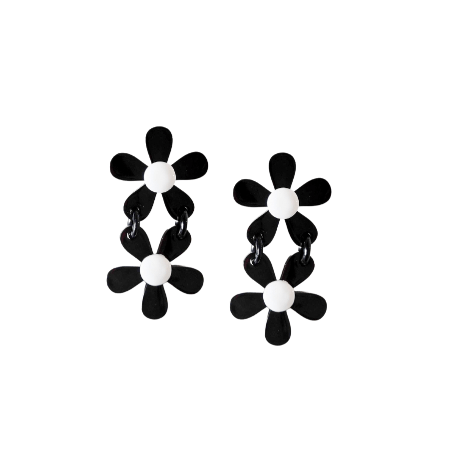 A pair of black and white stacked flower earrings